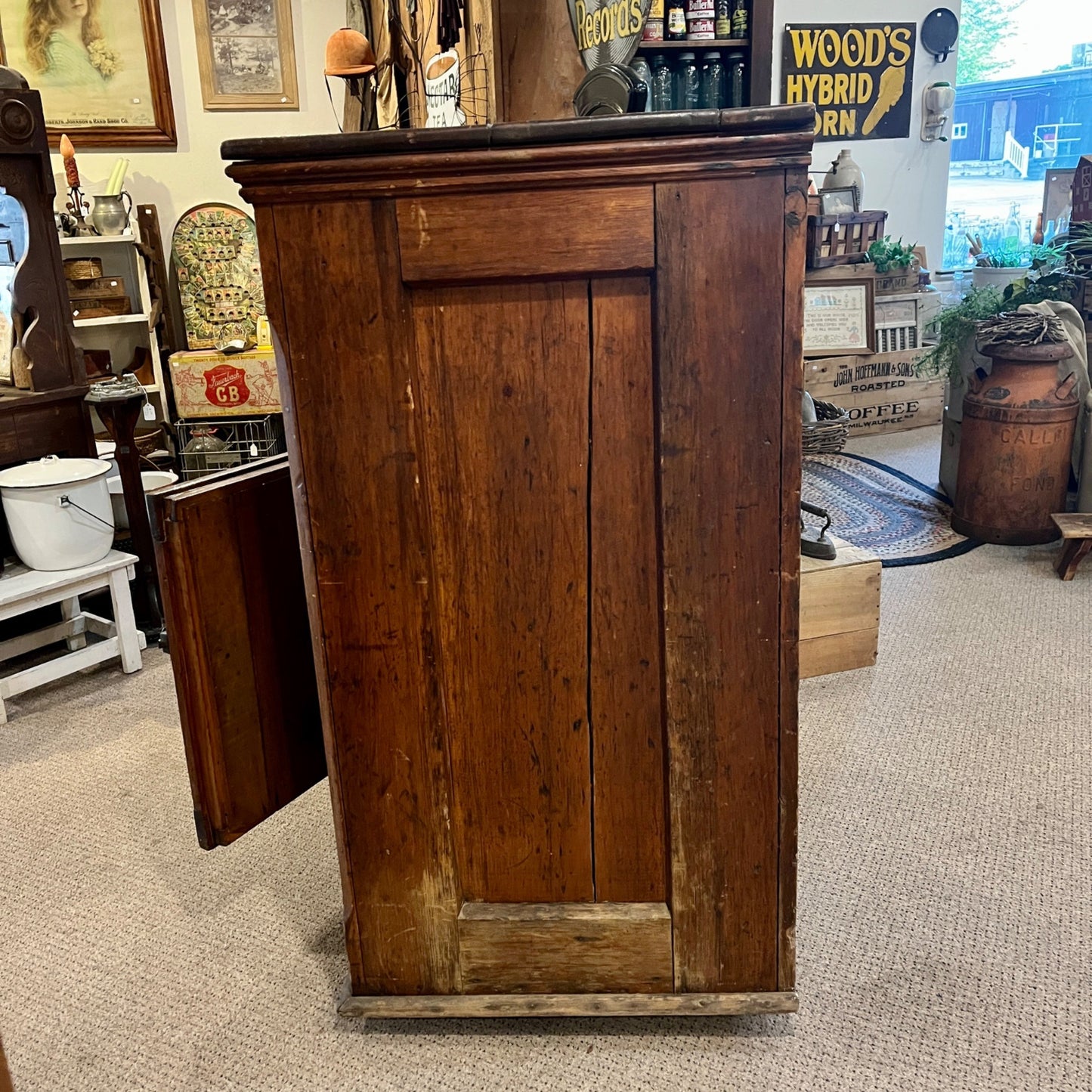 Antique Primitive c1880s Wooden Ice Box Cabinet w/ Orante Spoon Carvings