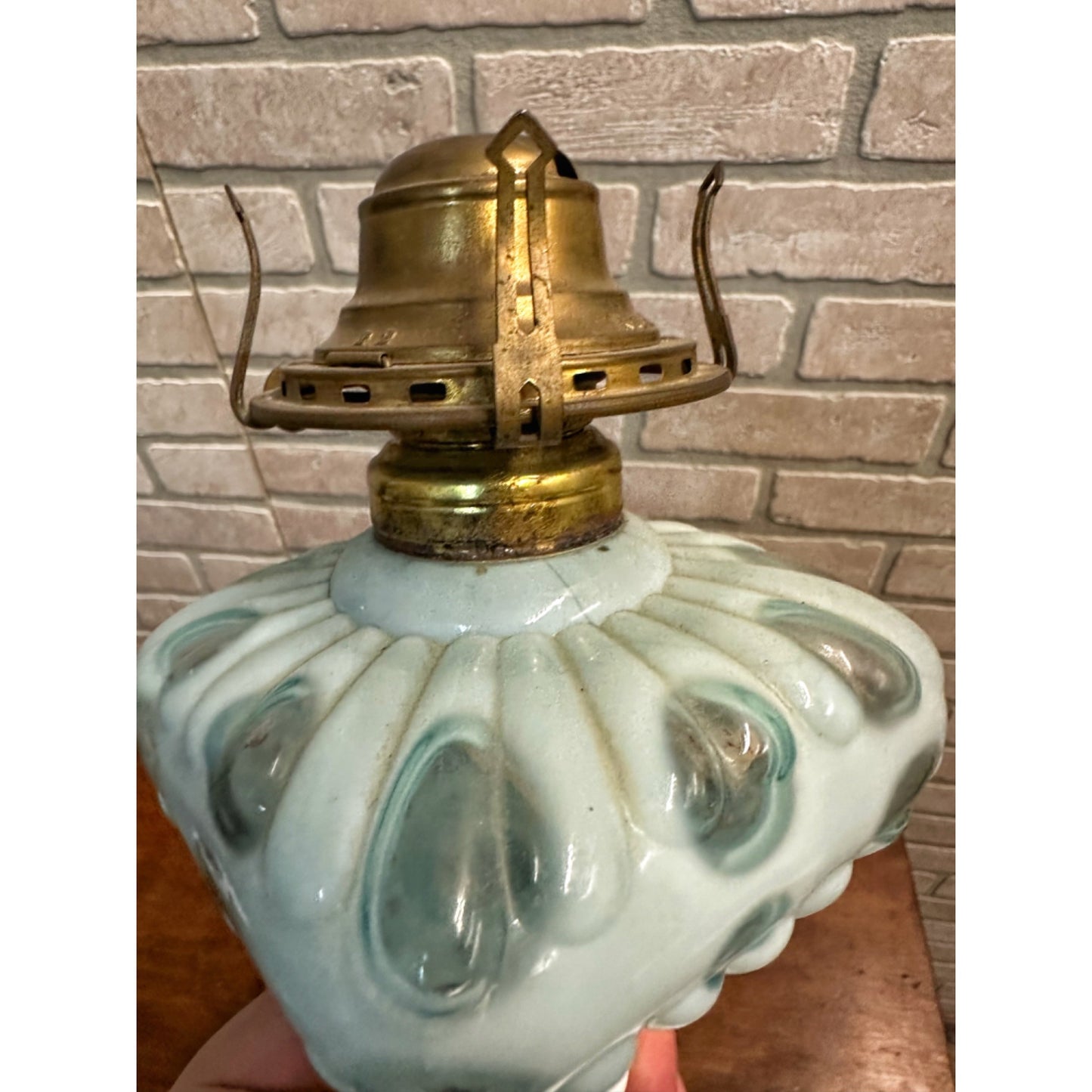 Antique Hobbs Dot Blue Opalescent Art Glass EAPG Oil Lamp Milk Glass