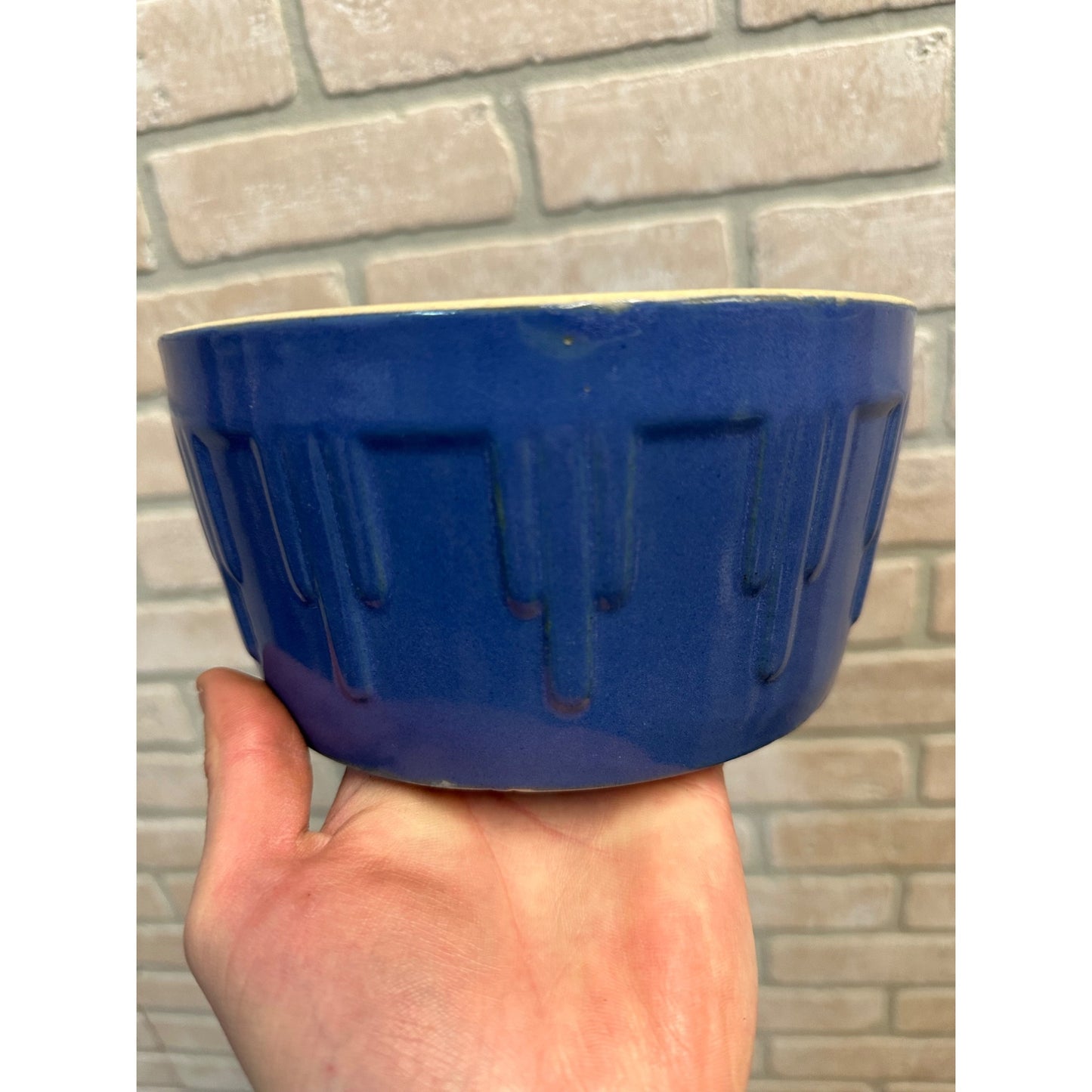 ANTIQUE PRIMITIVE RED WING STONEWARE BLUE CACTUS/ KILROY CROCK BOWL VINTAGE