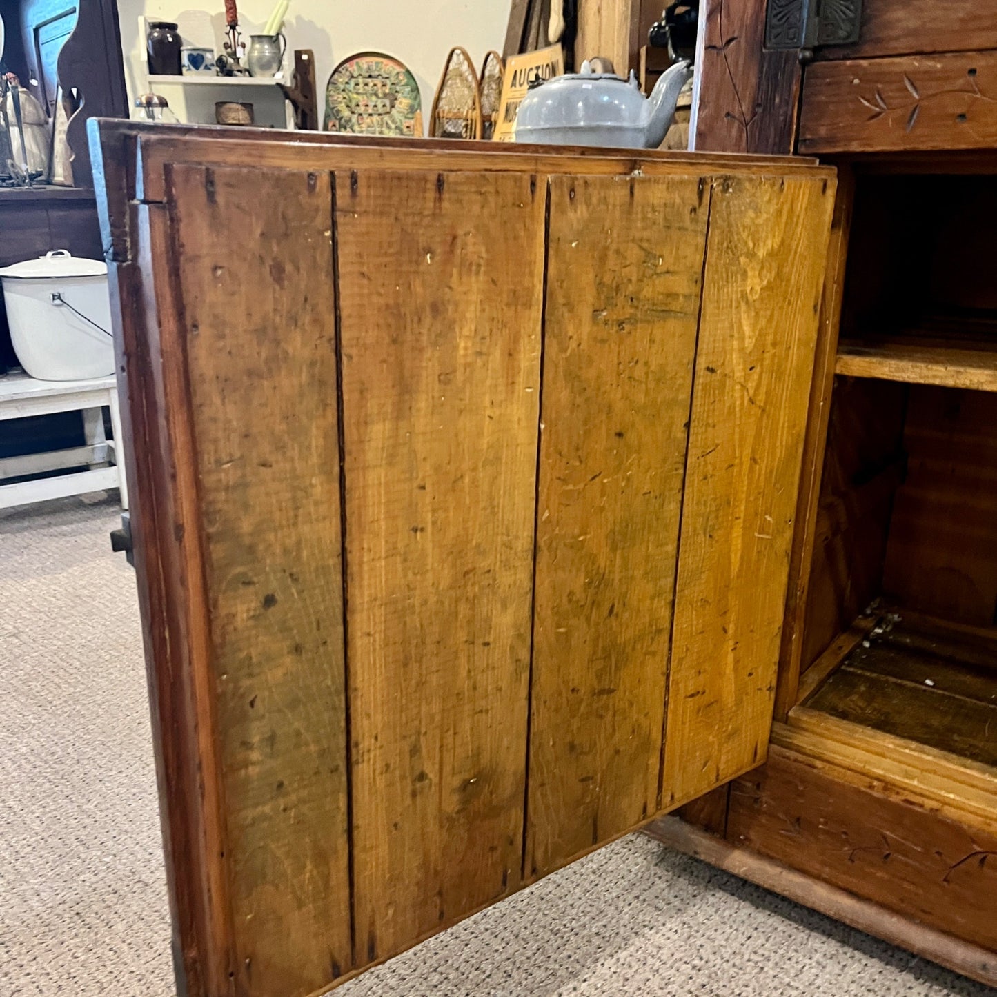 Antique Primitive c1880s Wooden Ice Box Cabinet w/ Orante Spoon Carvings