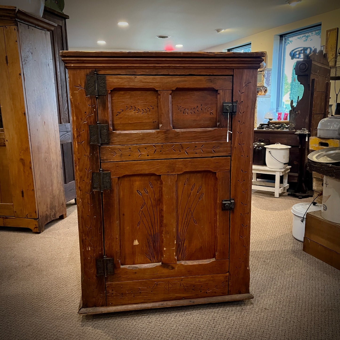 Antique Primitive c1880s Wooden Ice Box Cabinet w/ Orante Spoon Carvings