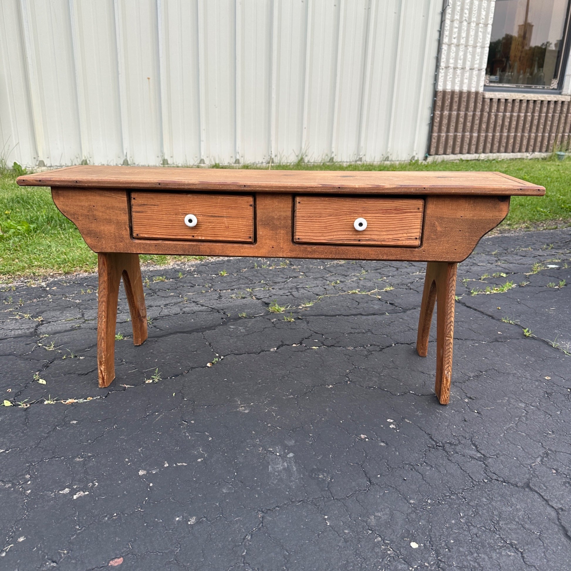 Antique Primitive Farmhouse Pine Wooden Bench w/ Two Drawers