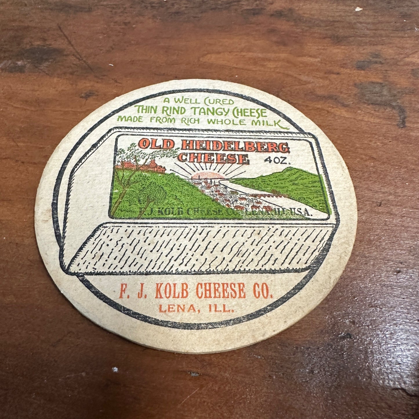 VINTAGE OLD HEIDELBERG CHEESE COASTER F. J. KOLB CHEESE CO LENA, IL