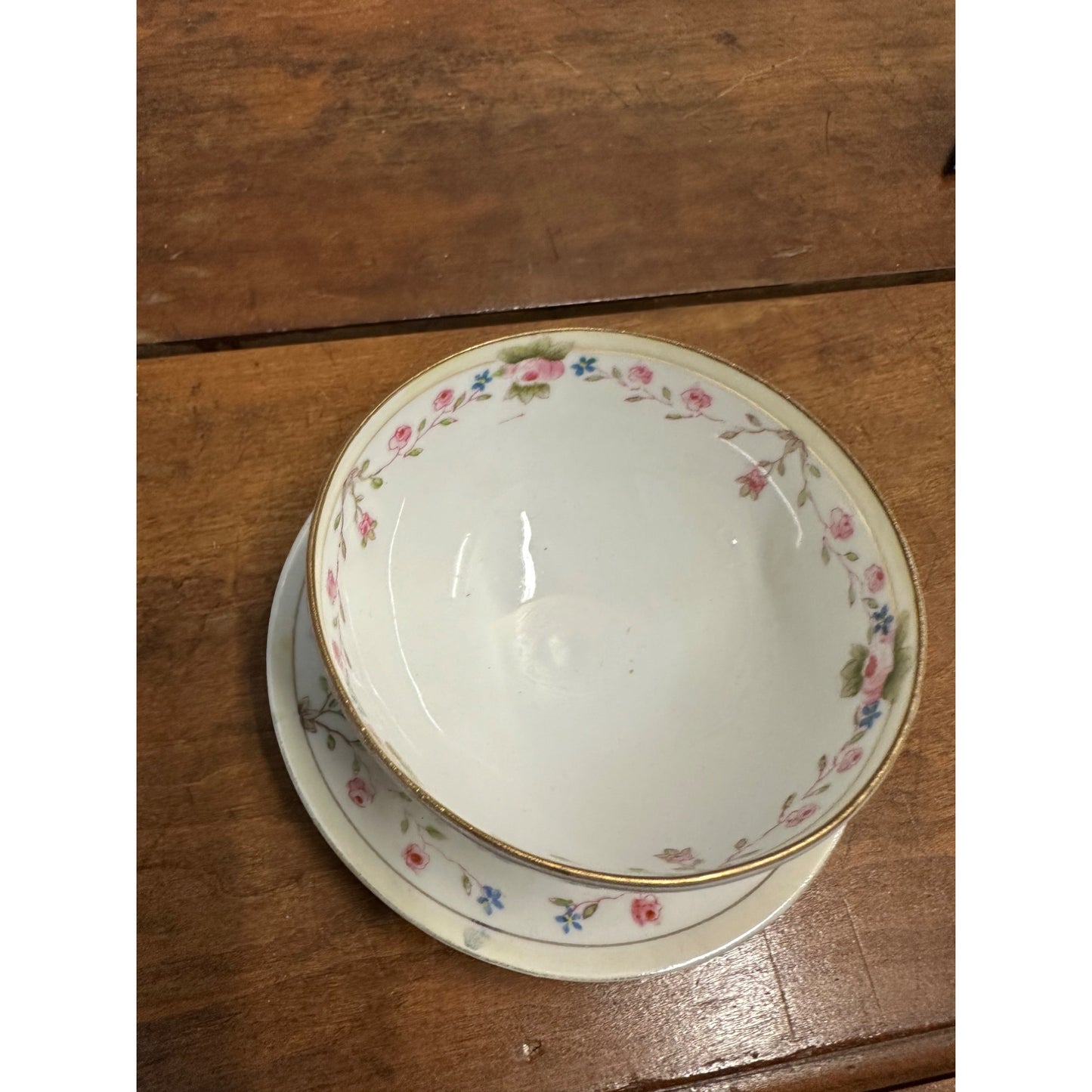 Vintage Nippon Hand Painted Condiment Mayo Bowl w/ Ladle + Plate Platter Pink Rose