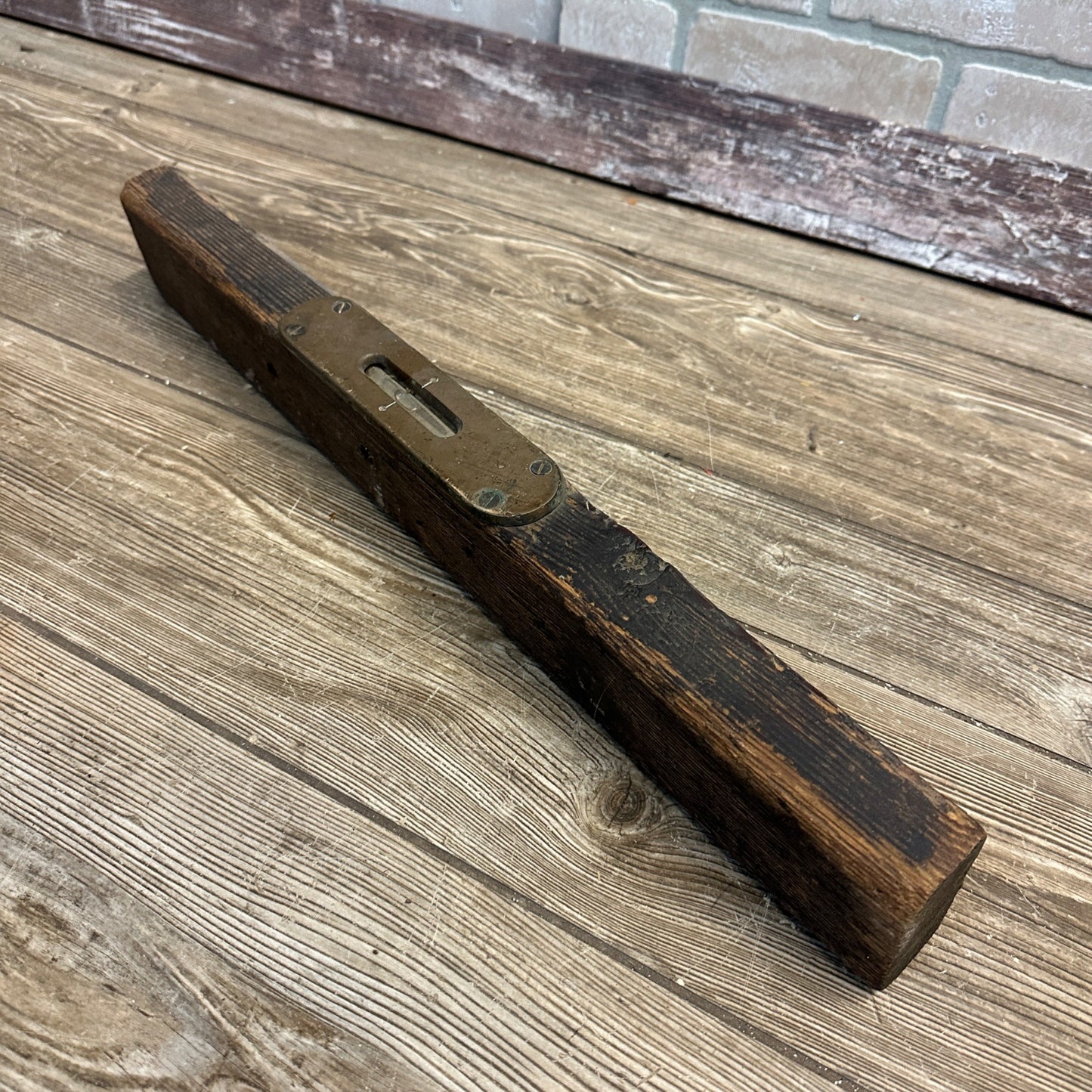 Antique Early 1900s Handmade Carpenters Level w/ Brass Plate Folky Folk Art OAAK
