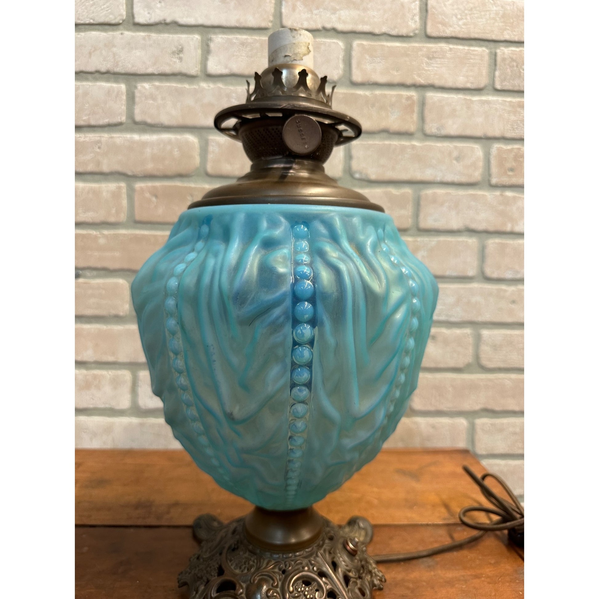 Antique Pittsburgh Lamp Co. Blue Satin Beaded Drape GWTW Oil Lamp Electrified