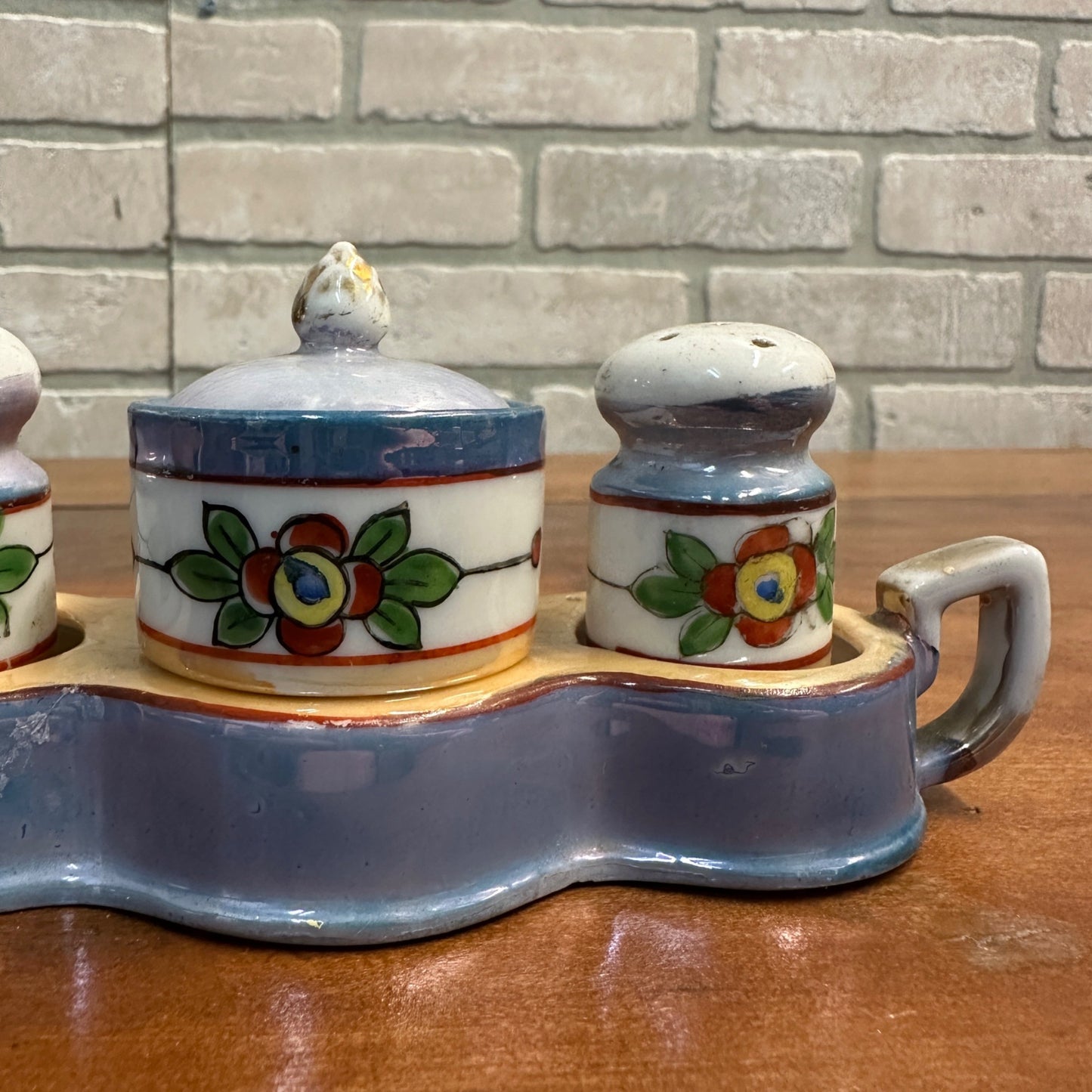 Vintage 1930s Takito Japan Lusterware Salt & Pepper & Mustard Set Floral