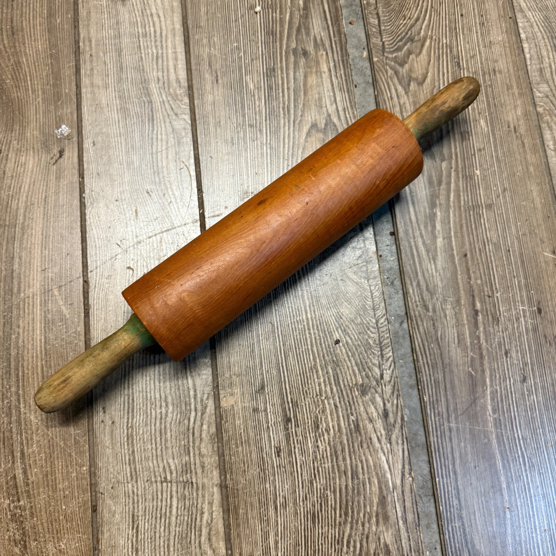 Vintage Rolling Pin Primitive Wood Distressed Green Handles 18"