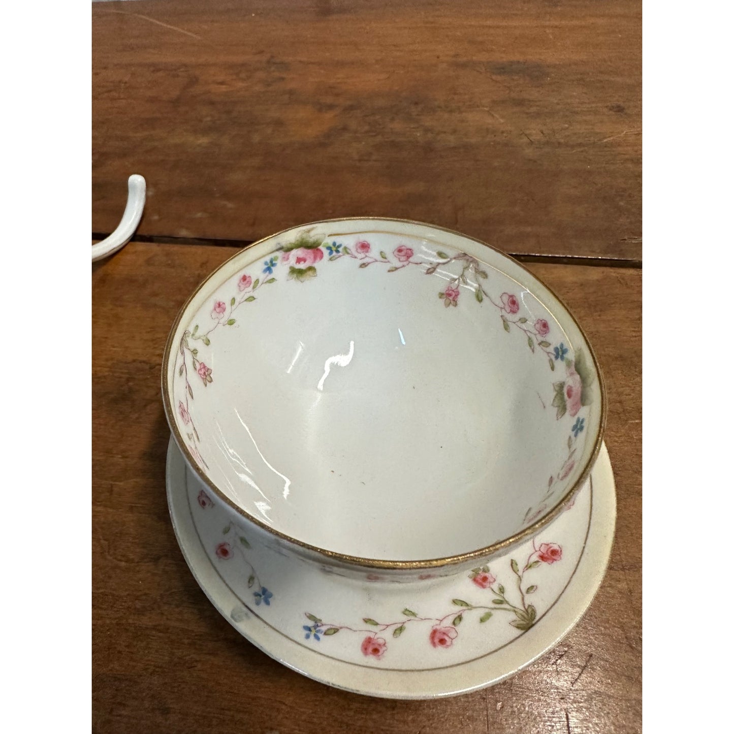Vintage Nippon Hand Painted Condiment Mayo Bowl w/ Ladle + Plate Platter Pink Rose