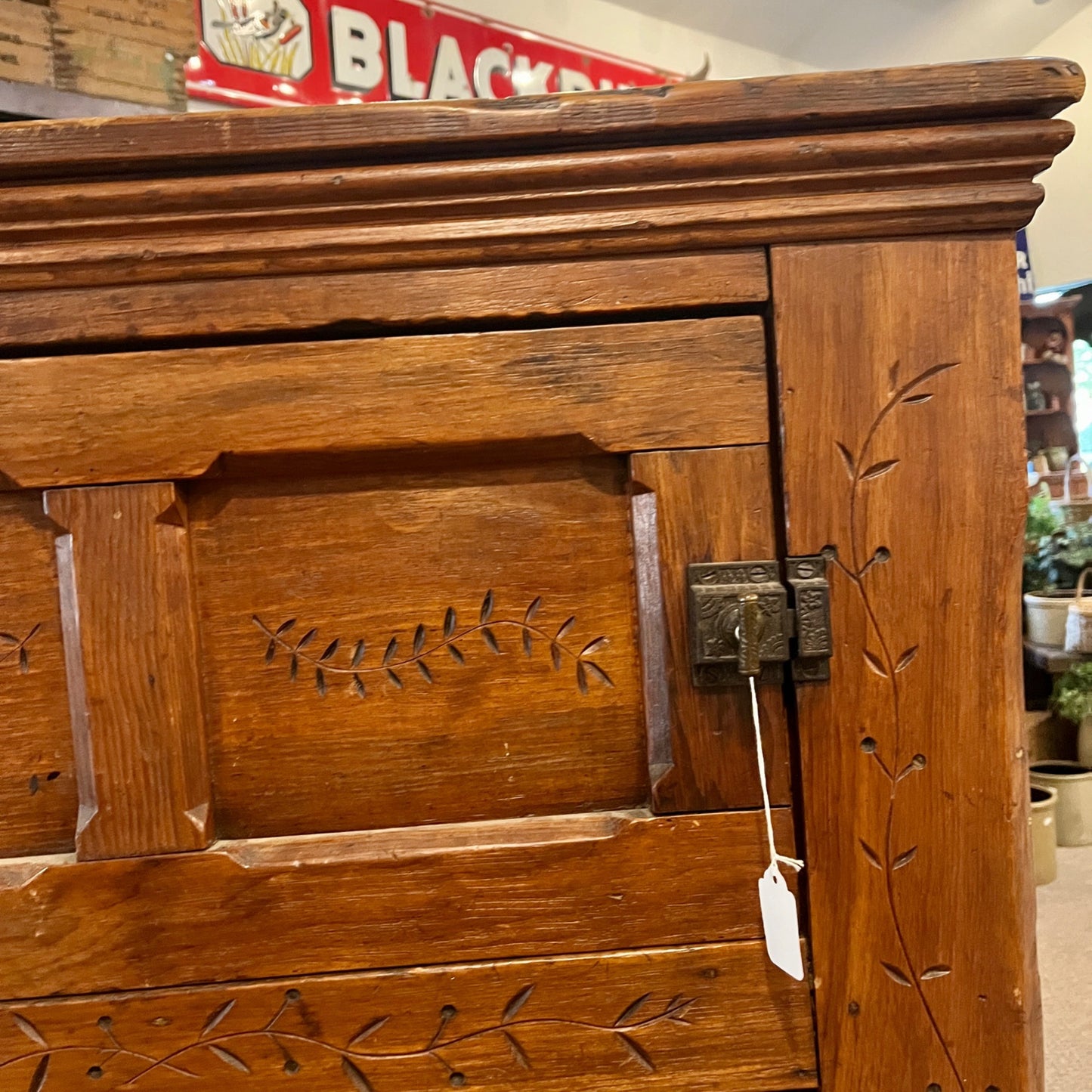 Antique Primitive c1880s Wooden Ice Box Cabinet w/ Orante Spoon Carvings