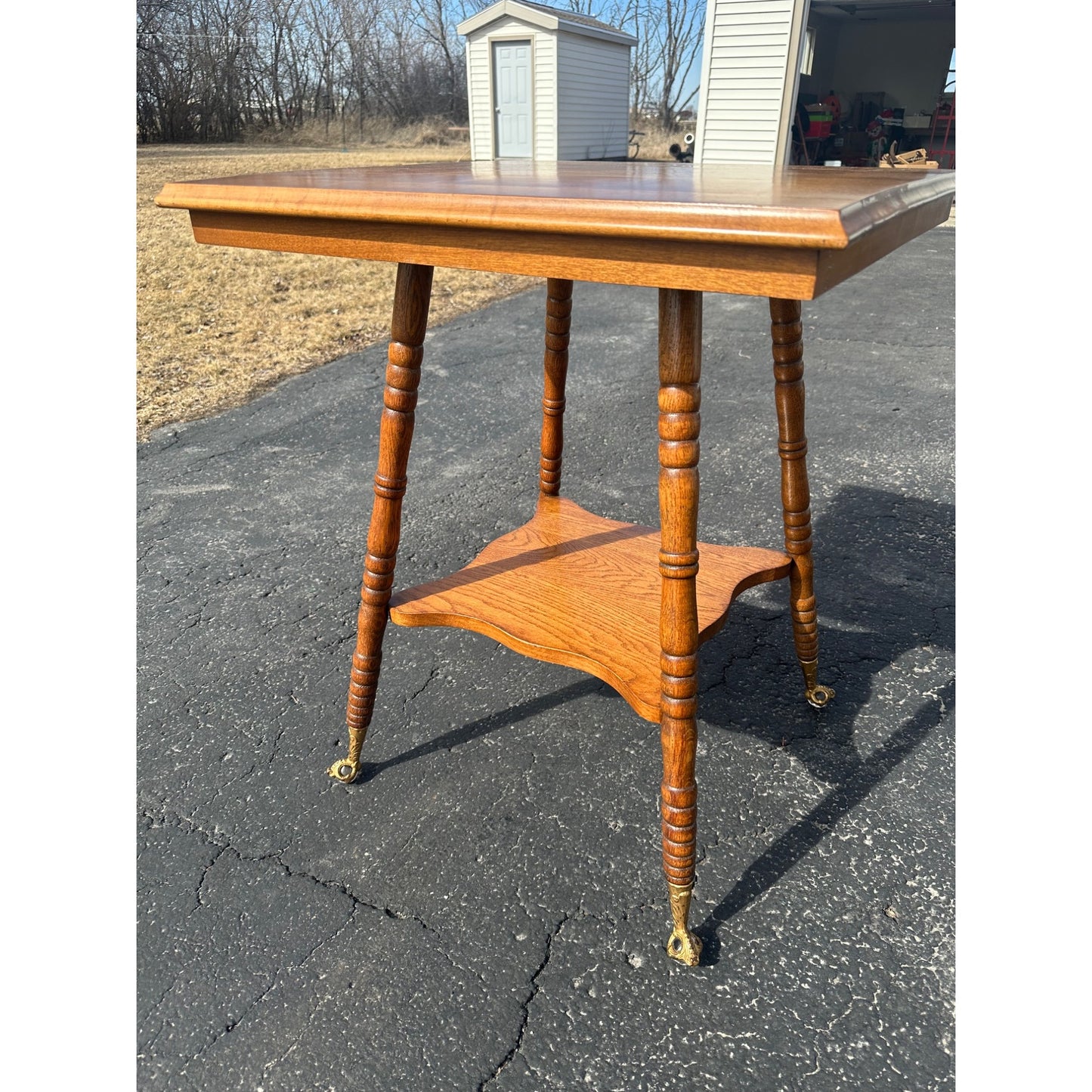 Antique Victorian Square Wood Parlor Table w/ Eagle & Glass Ball Feet