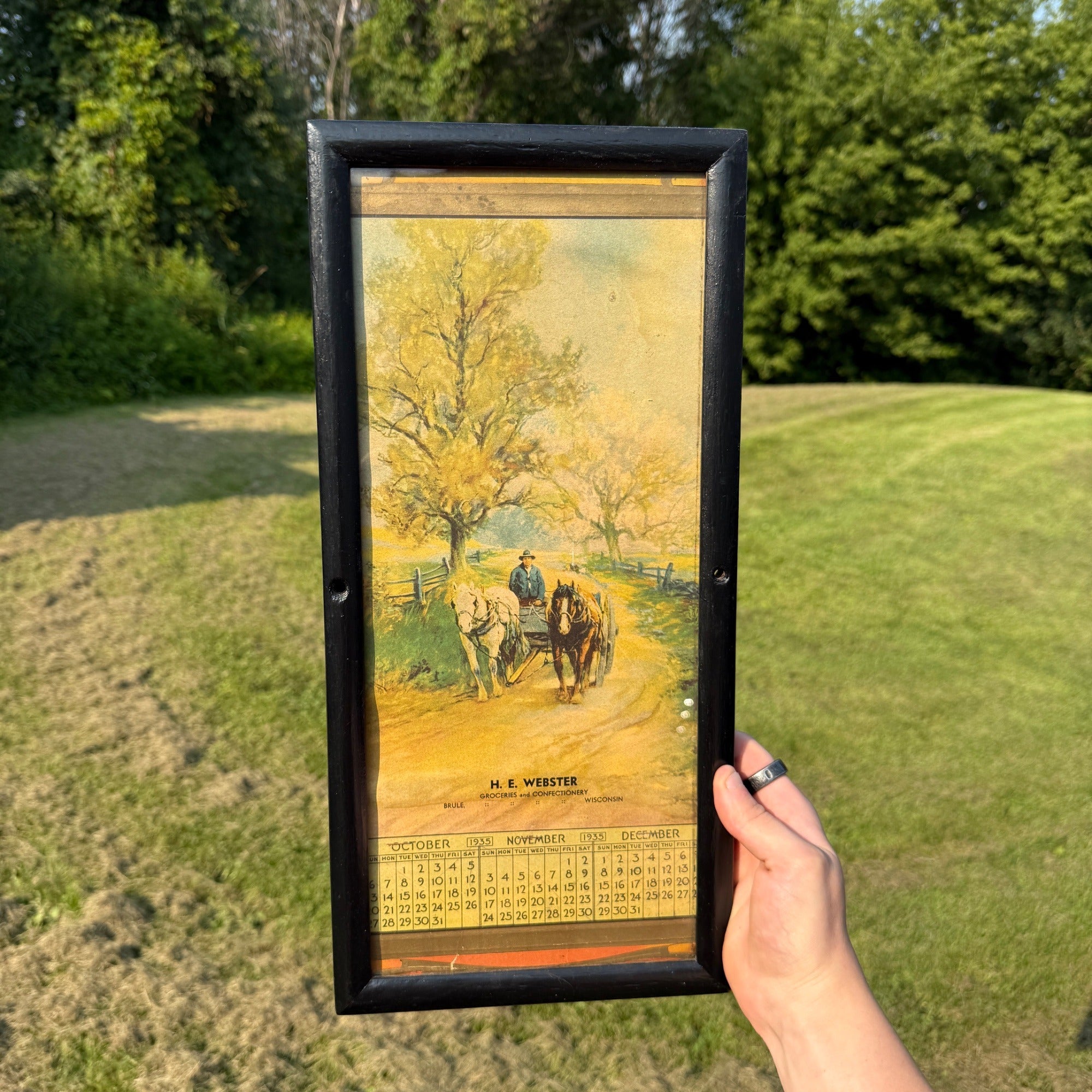 Vintage 1935 Brule Wisconsin Framed Advertising Calendar Sign Webster Store