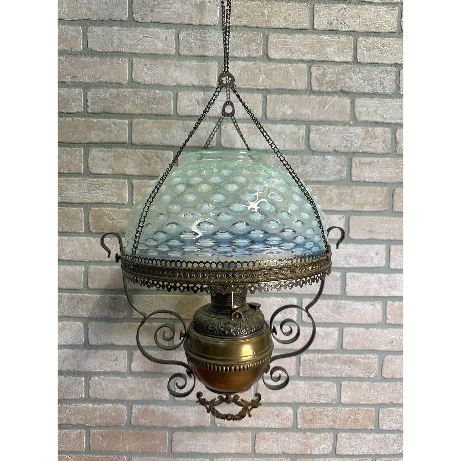RARE Antique Victorian Blue Opalescent Shade Hanging Bradley Hubbard Oil Lamp