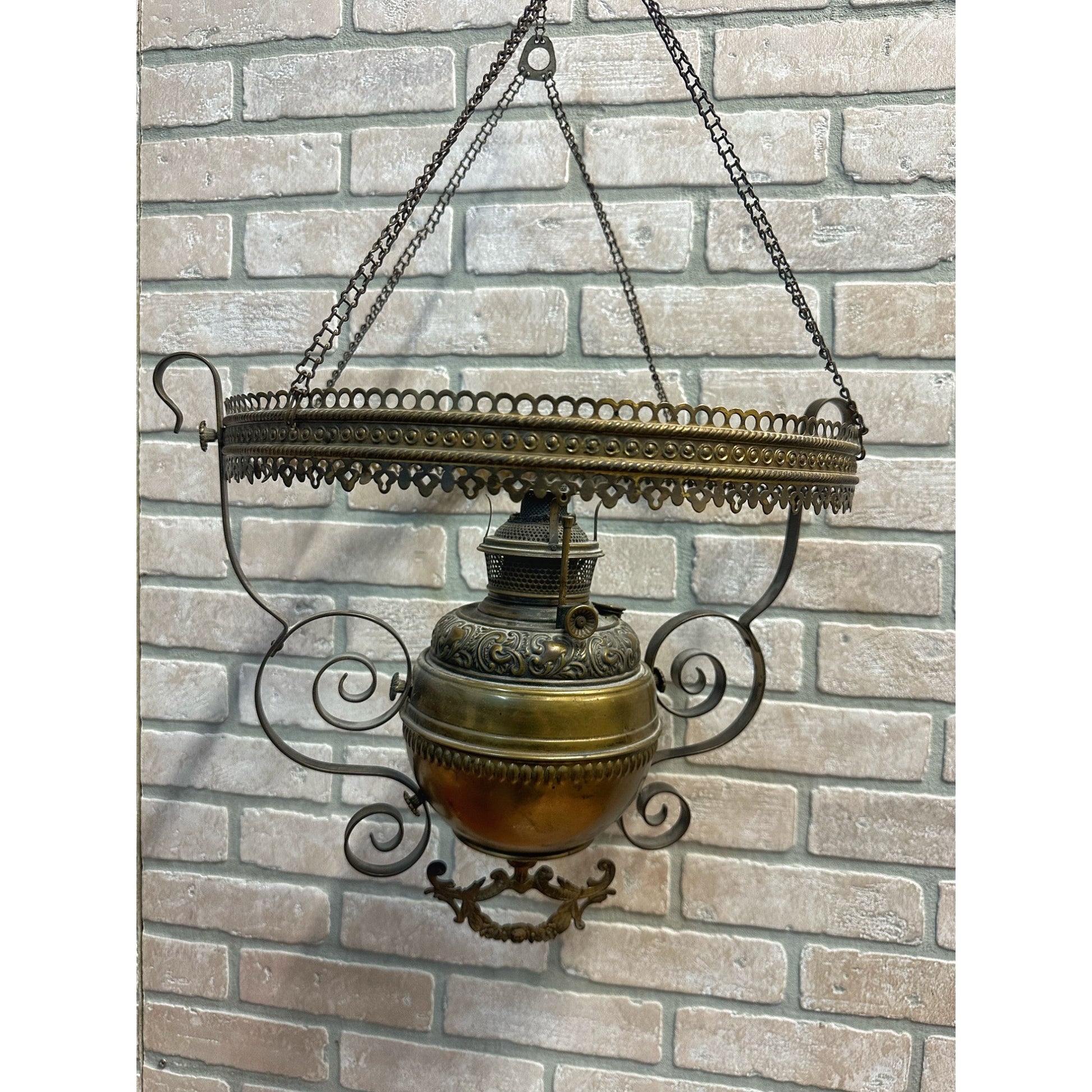 RARE Antique Victorian Blue Opalescent Shade Hanging Bradley Hubbard Oil Lamp