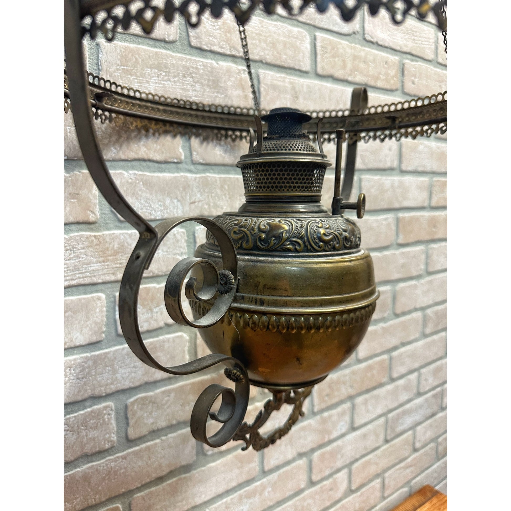 RARE Antique Victorian Blue Opalescent Shade Hanging Bradley Hubbard Oil Lamp