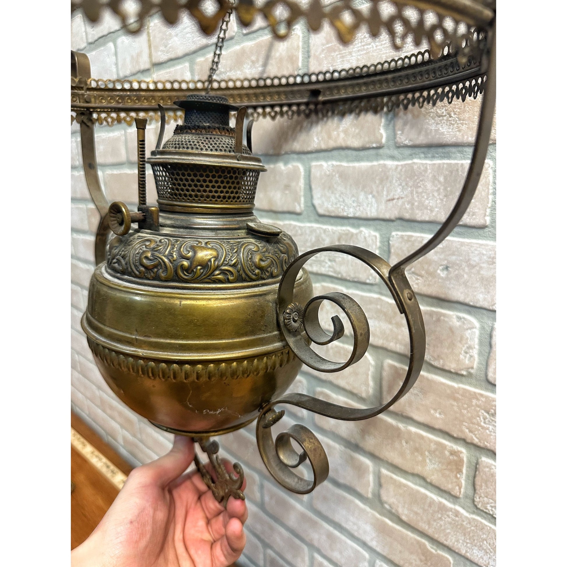 RARE Antique Victorian Blue Opalescent Shade Hanging Bradley Hubbard Oil Lamp