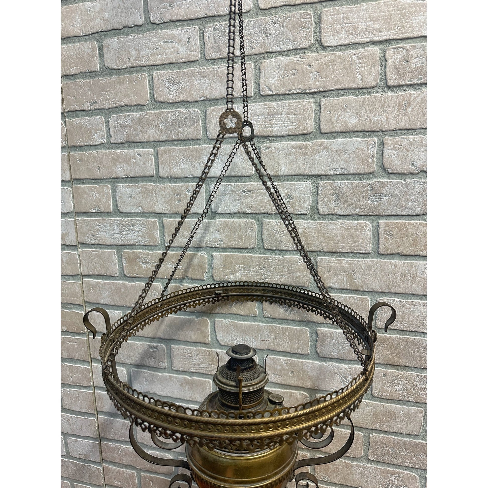 RARE Antique Victorian Blue Opalescent Shade Hanging Bradley Hubbard Oil Lamp