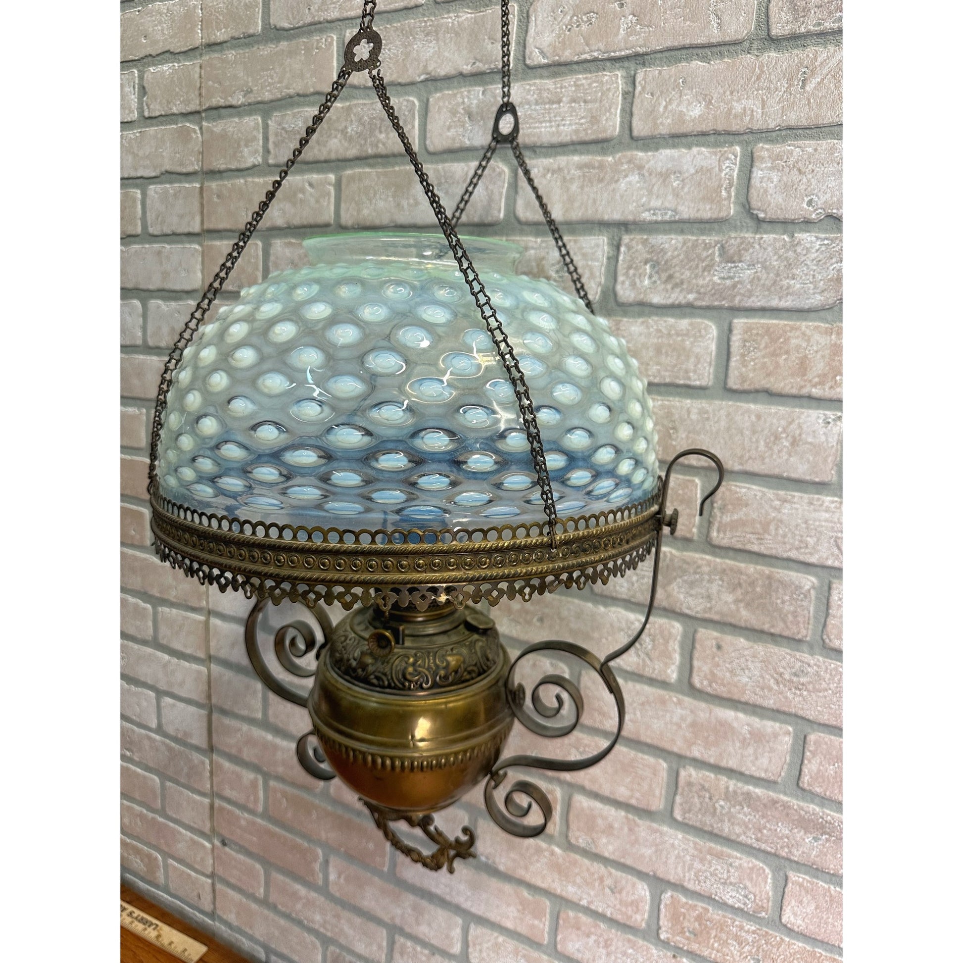 RARE Antique Victorian Blue Opalescent Shade Hanging Bradley Hubbard Oil Lamp