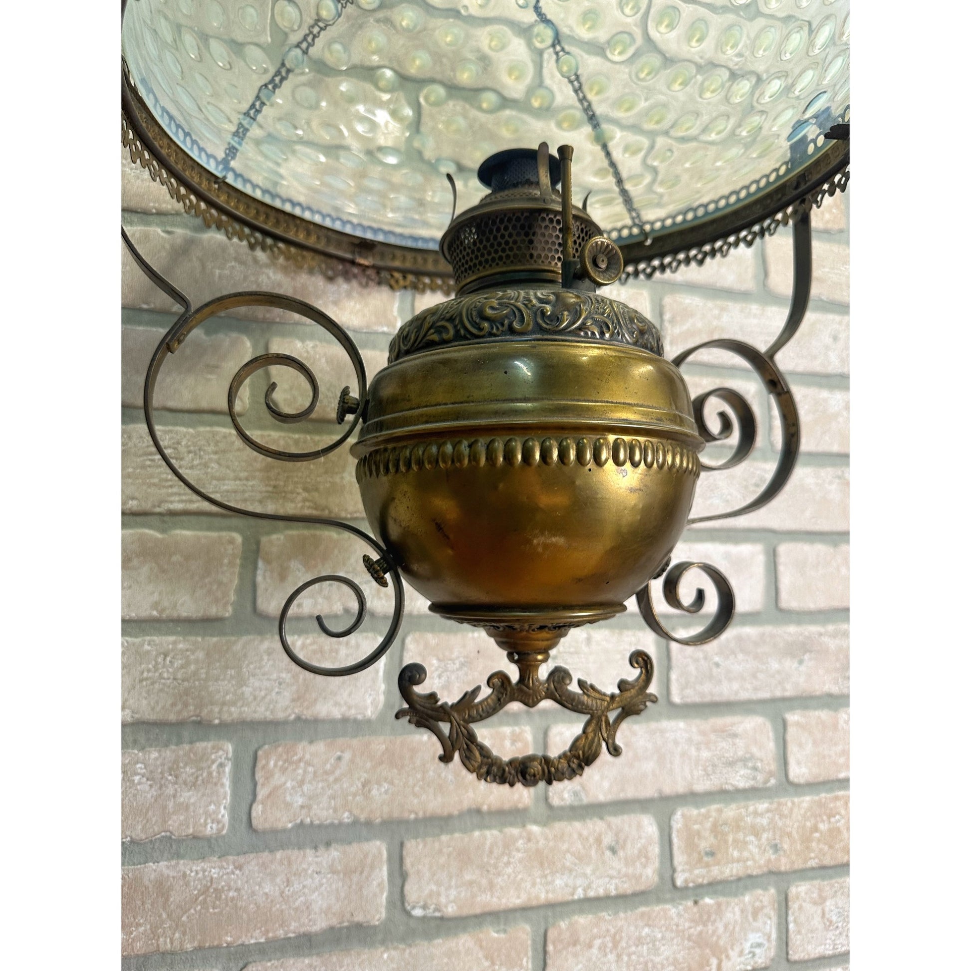 RARE Antique Victorian Blue Opalescent Shade Hanging Bradley Hubbard Oil Lamp