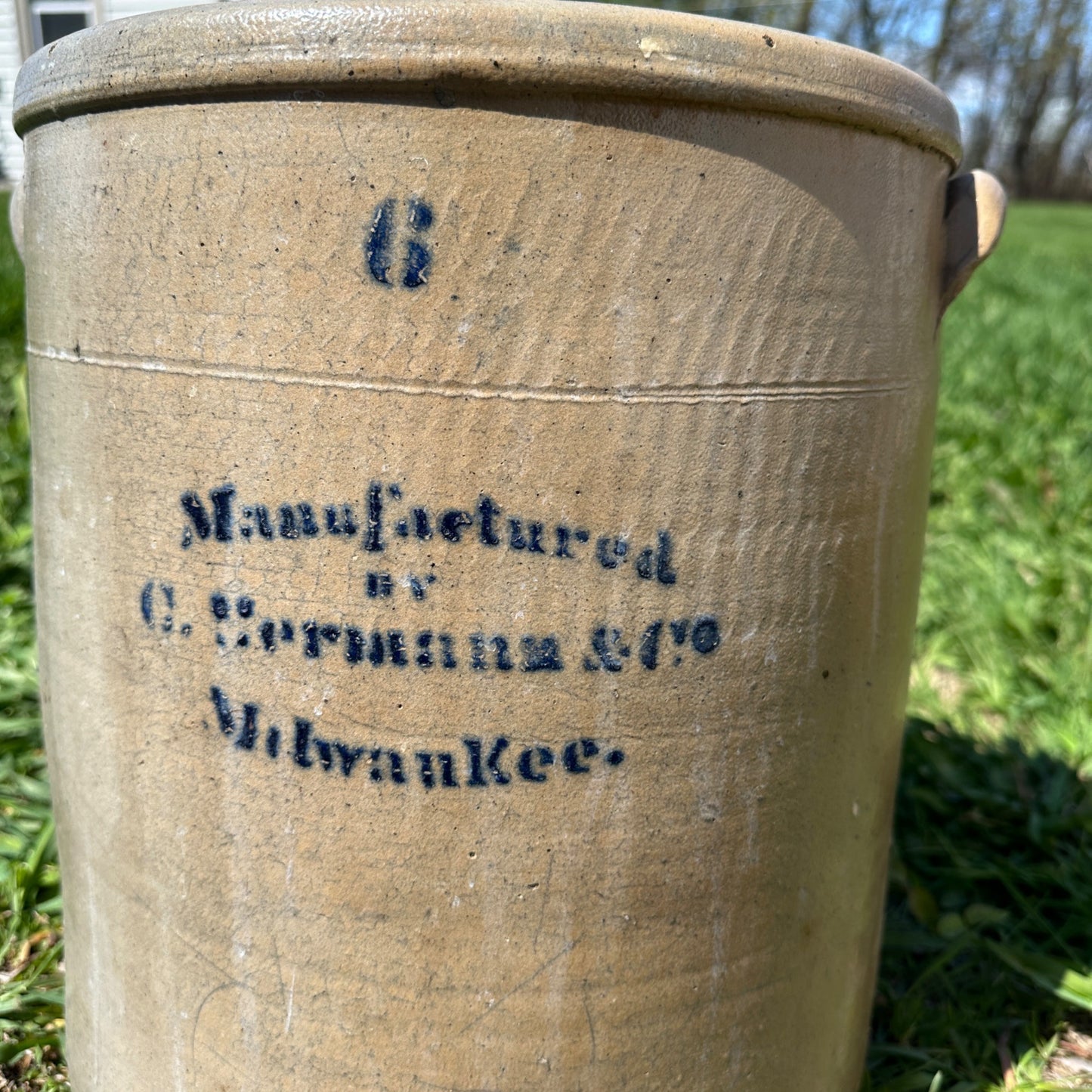 Antique 6 Gallon Hermann Milwaukee Wisconsin Stoneware Crock Salt Glaze