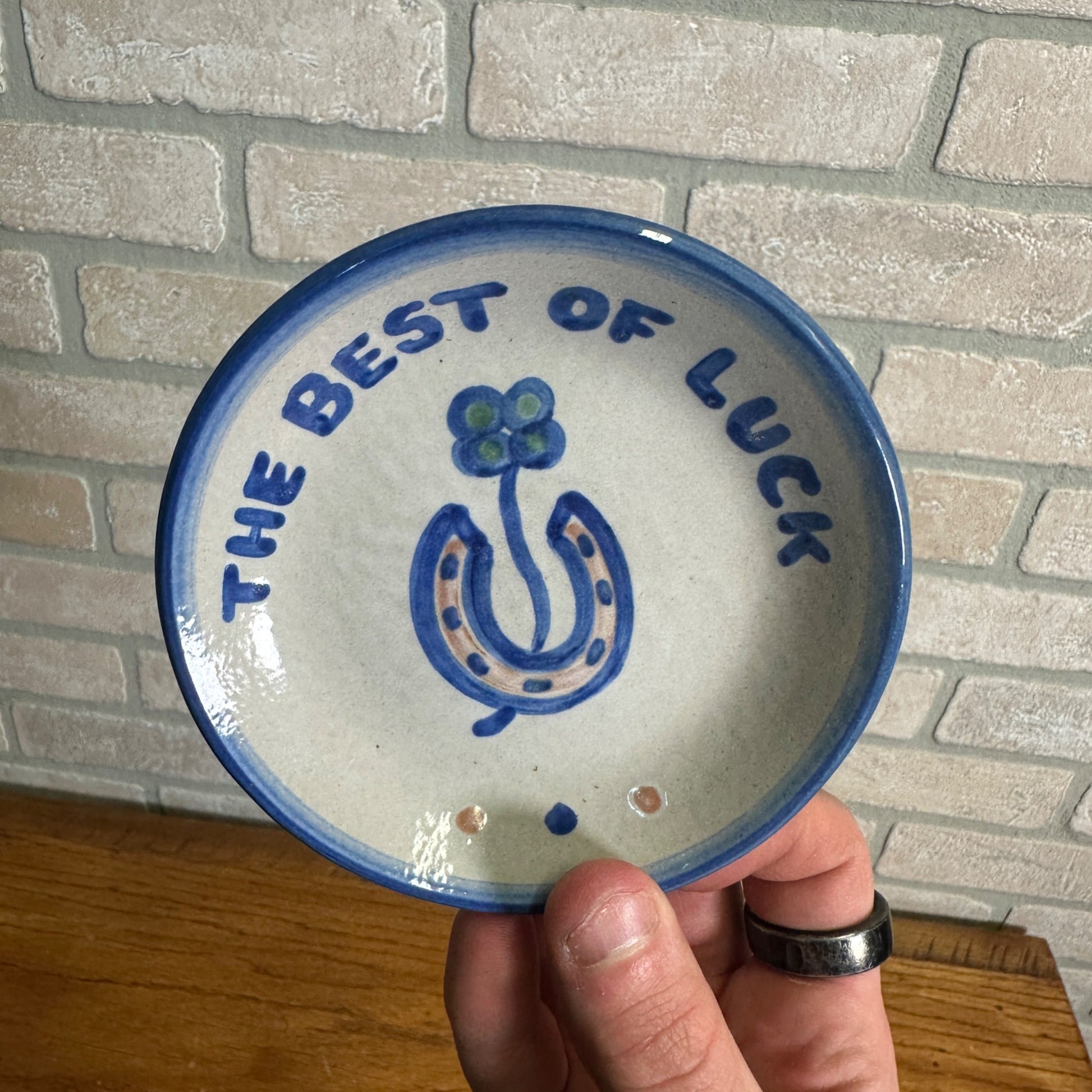 Vintage M.A. Hadley Art Pottery Butter Pat Dish 4-1/4" Stoneware Best of Luck
