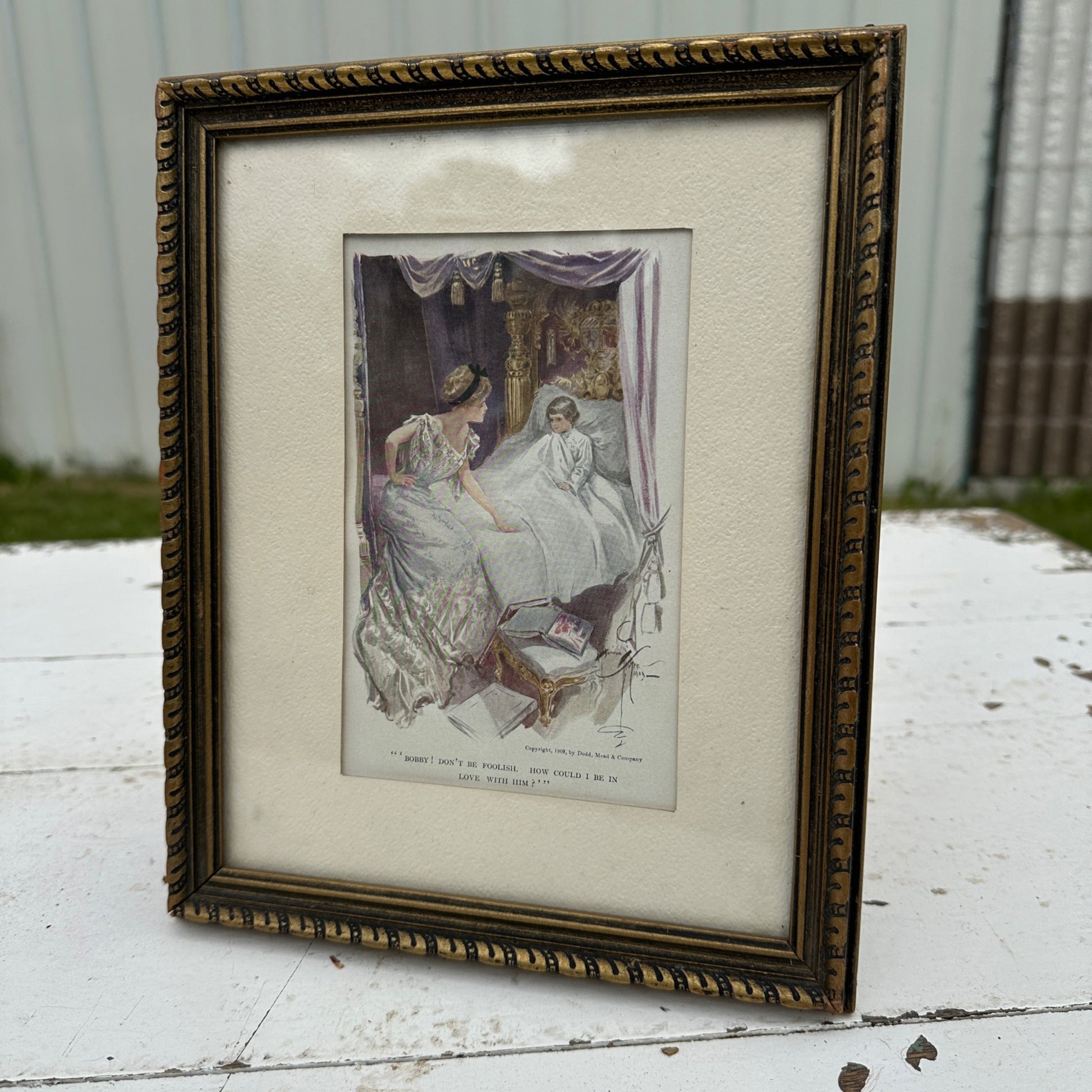 1909 Harrison Fisher Litho Framed Victorian Bedside Scene 9" x 11"