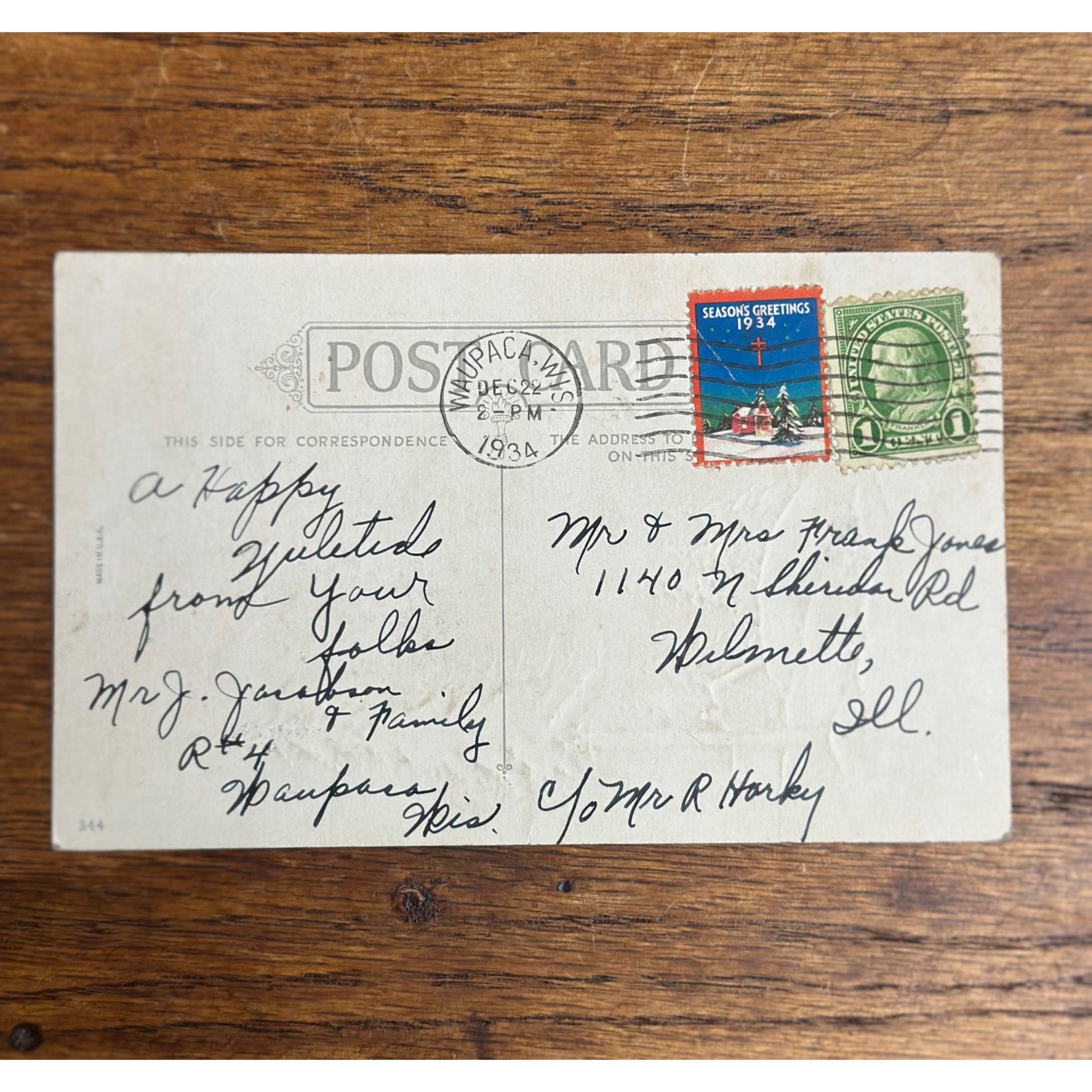 Vintage 1934 Christmas Postcard w/ Christmas Seal Tied Seaons Greetings