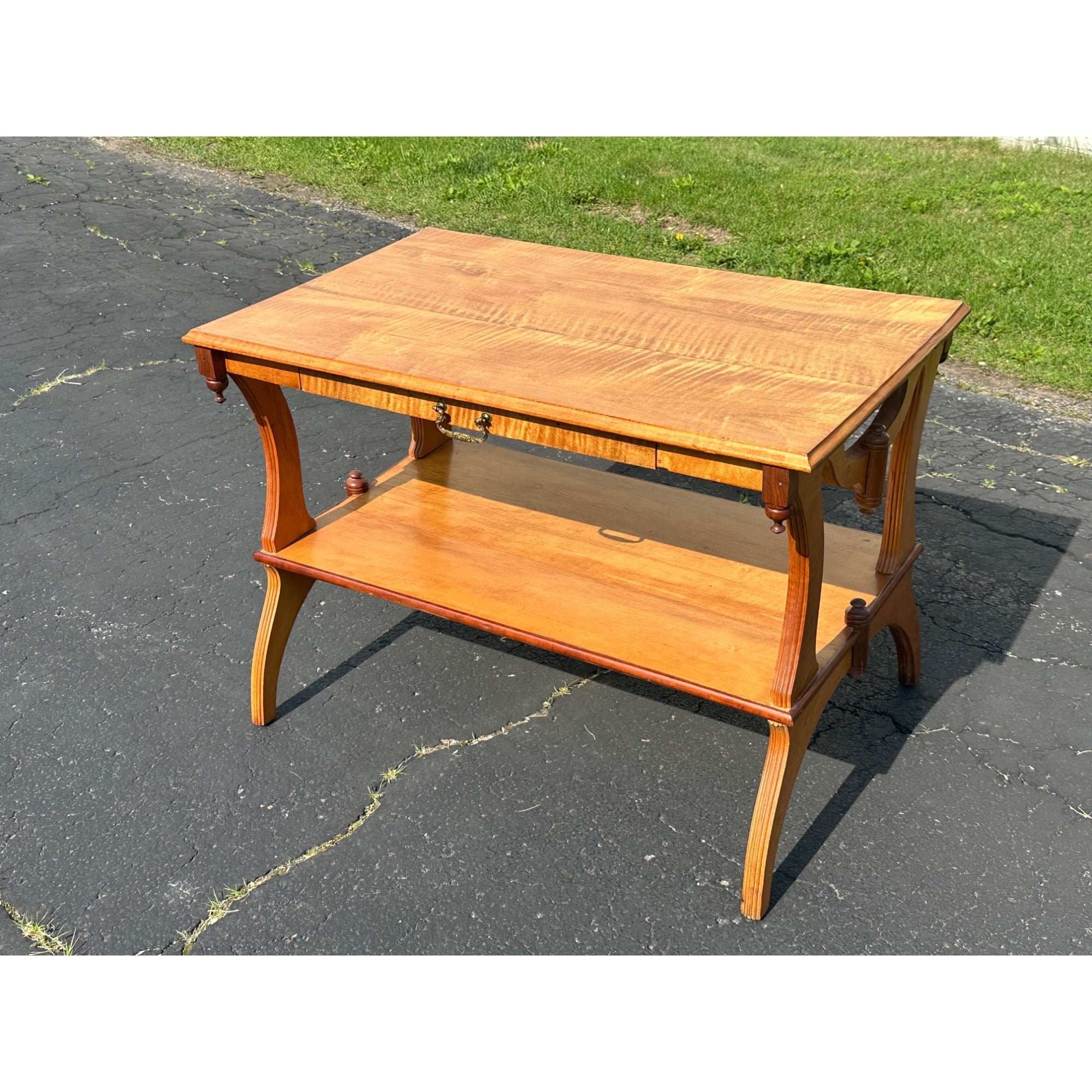 Vintage Oak Wood Library Table Desk w/ Double Drawers – Brothers Antiques