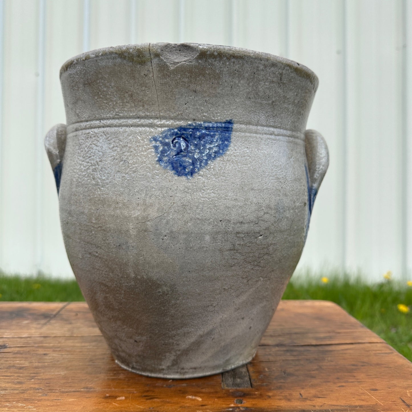 Antique 2 Ohio Valley Region Stoneware Crock Cobalt Decorated Pot Planter