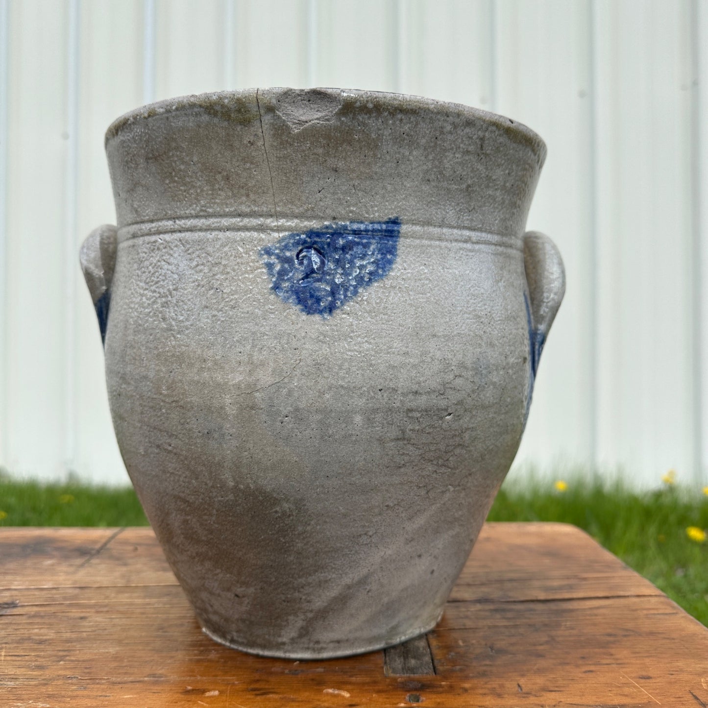 Antique 2 Ohio Valley Region Stoneware Crock Cobalt Decorated Pot Planter