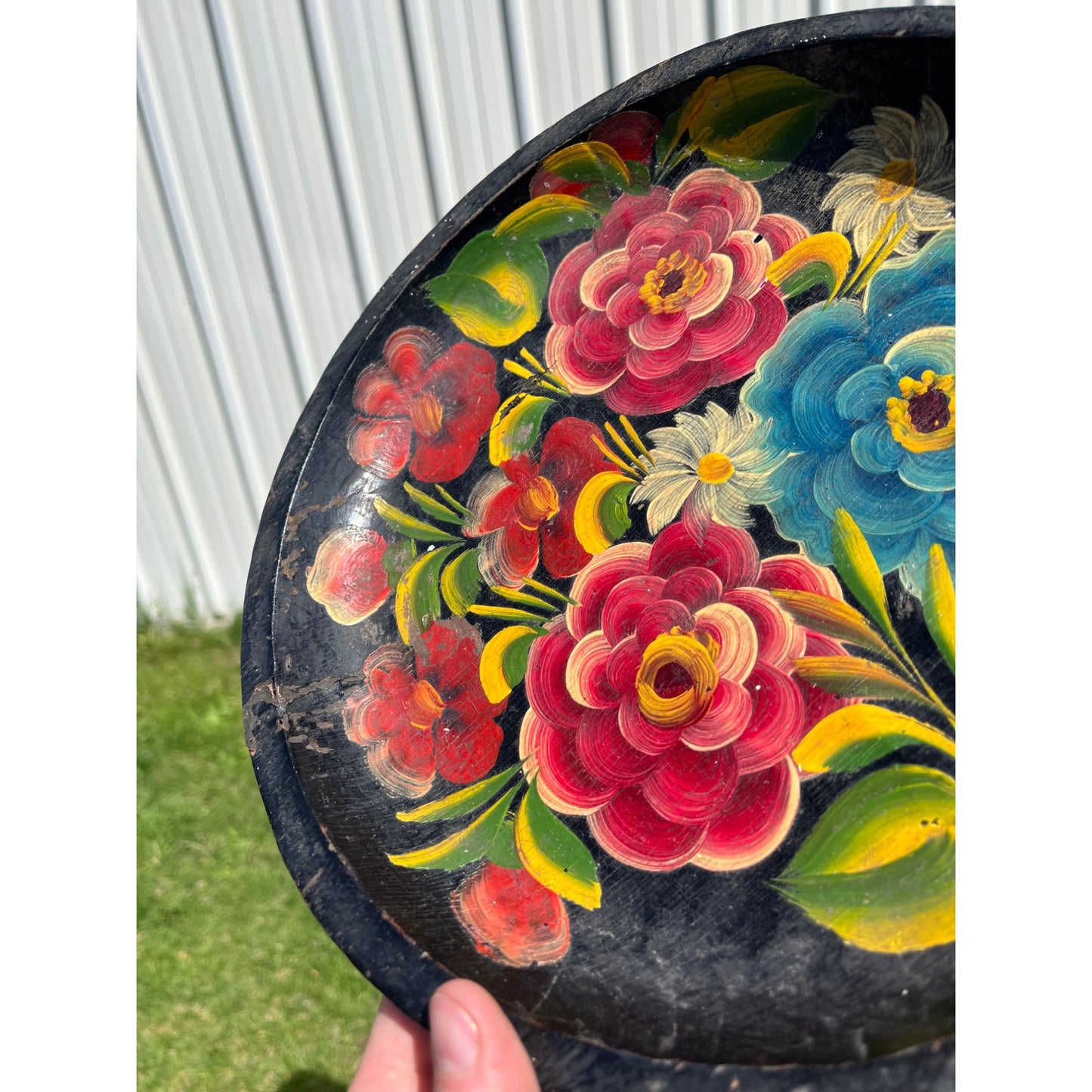 Vintage Painted Wood Plate/Bowl BATEA Carved Folk Art Floral Tray 60s Era Mexico