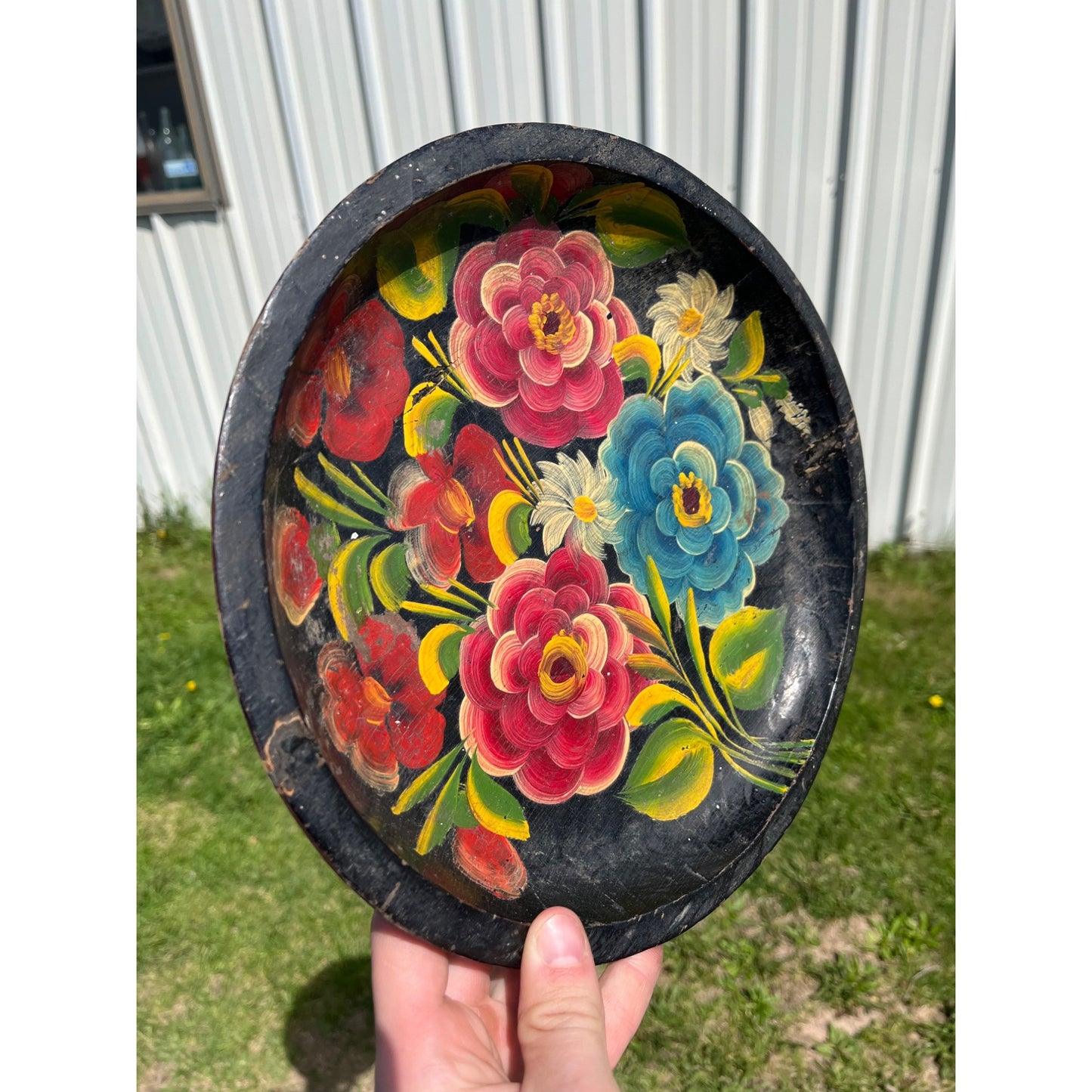 Vintage Painted Wood Plate/Bowl BATEA Carved Folk Art Floral Tray 60s Era Mexico