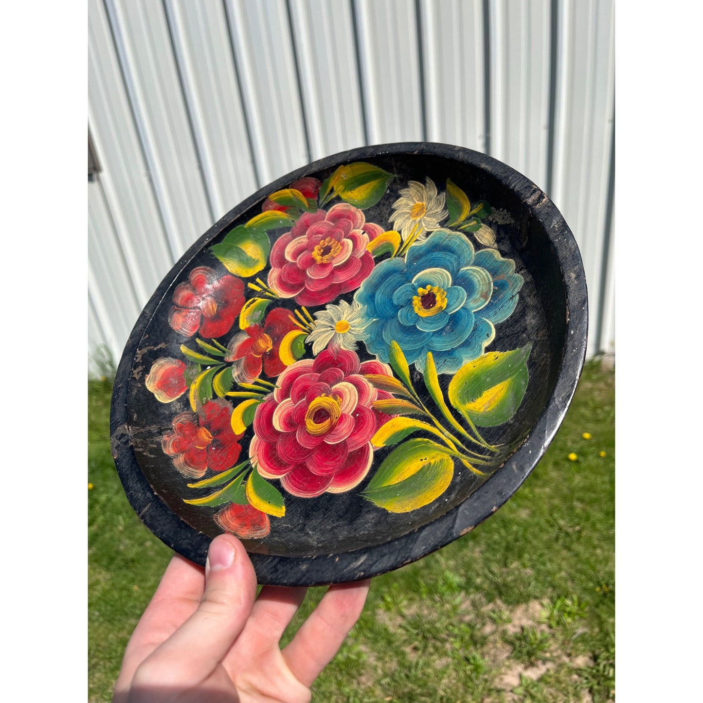 Vintage Painted Wood Plate/Bowl BATEA Carved Folk Art Floral Tray 60s Era Mexico
