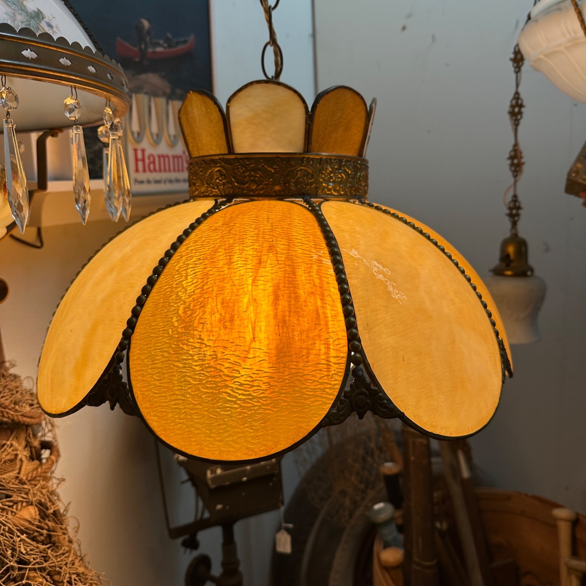 1930s Art Nouveau Honey Amber Slag Glass Light Fixture Chandelier Orange