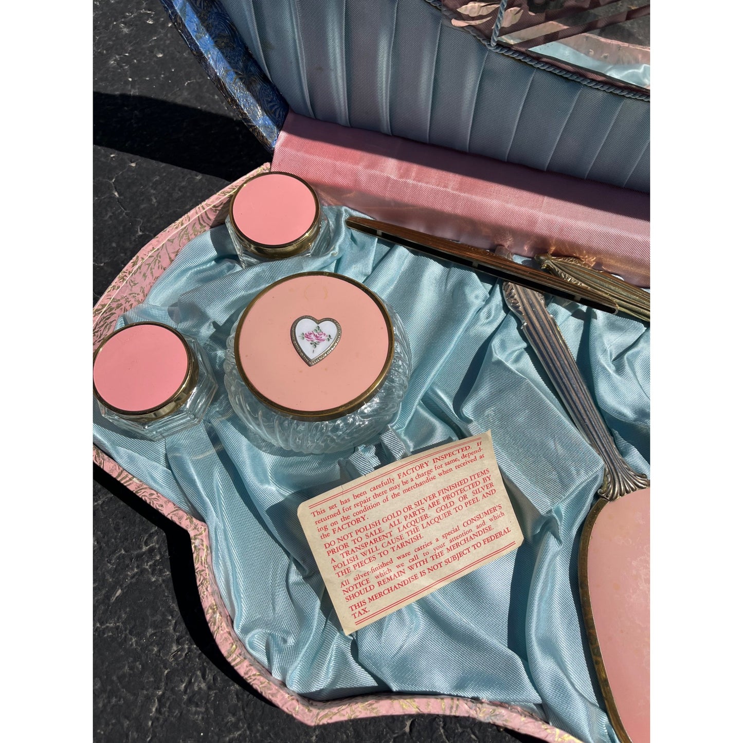 Vtg 1940s Pink Blue Vanity Box Set w Mirror Brushes Lidded Jars Shabby Chic
