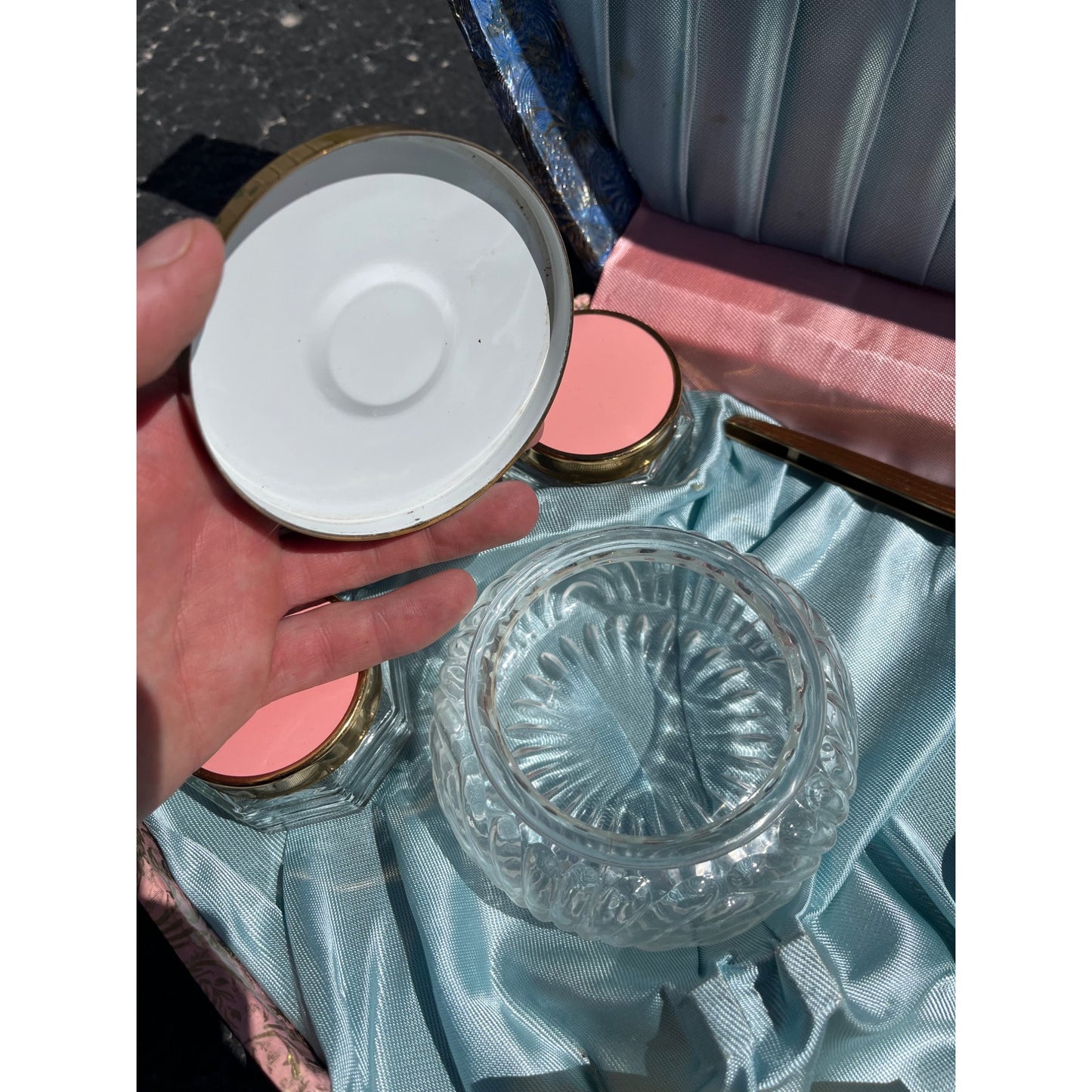 Vtg 1940s Pink Blue Vanity Box Set w Mirror Brushes Lidded Jars Shabby Chic