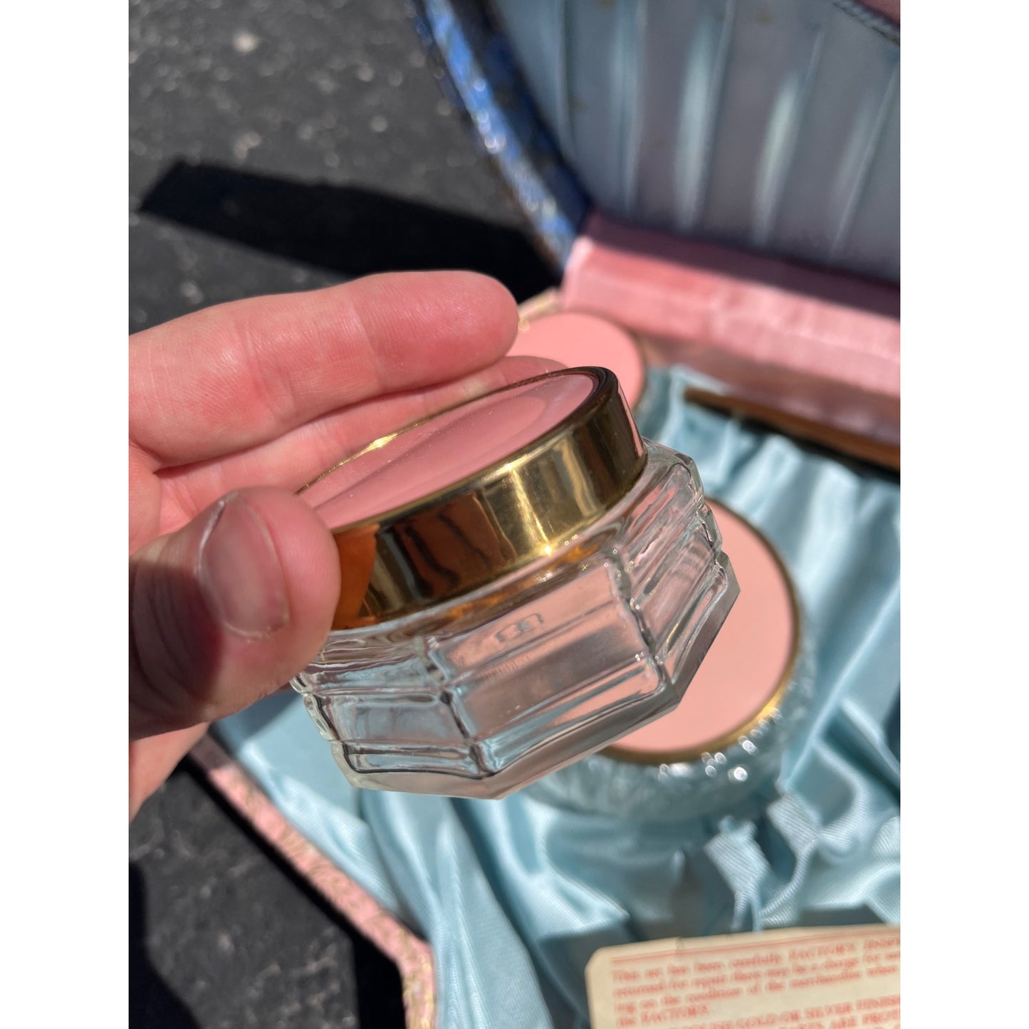 Vtg 1940s Pink Blue Vanity Box Set w Mirror Brushes Lidded Jars Shabby Chic