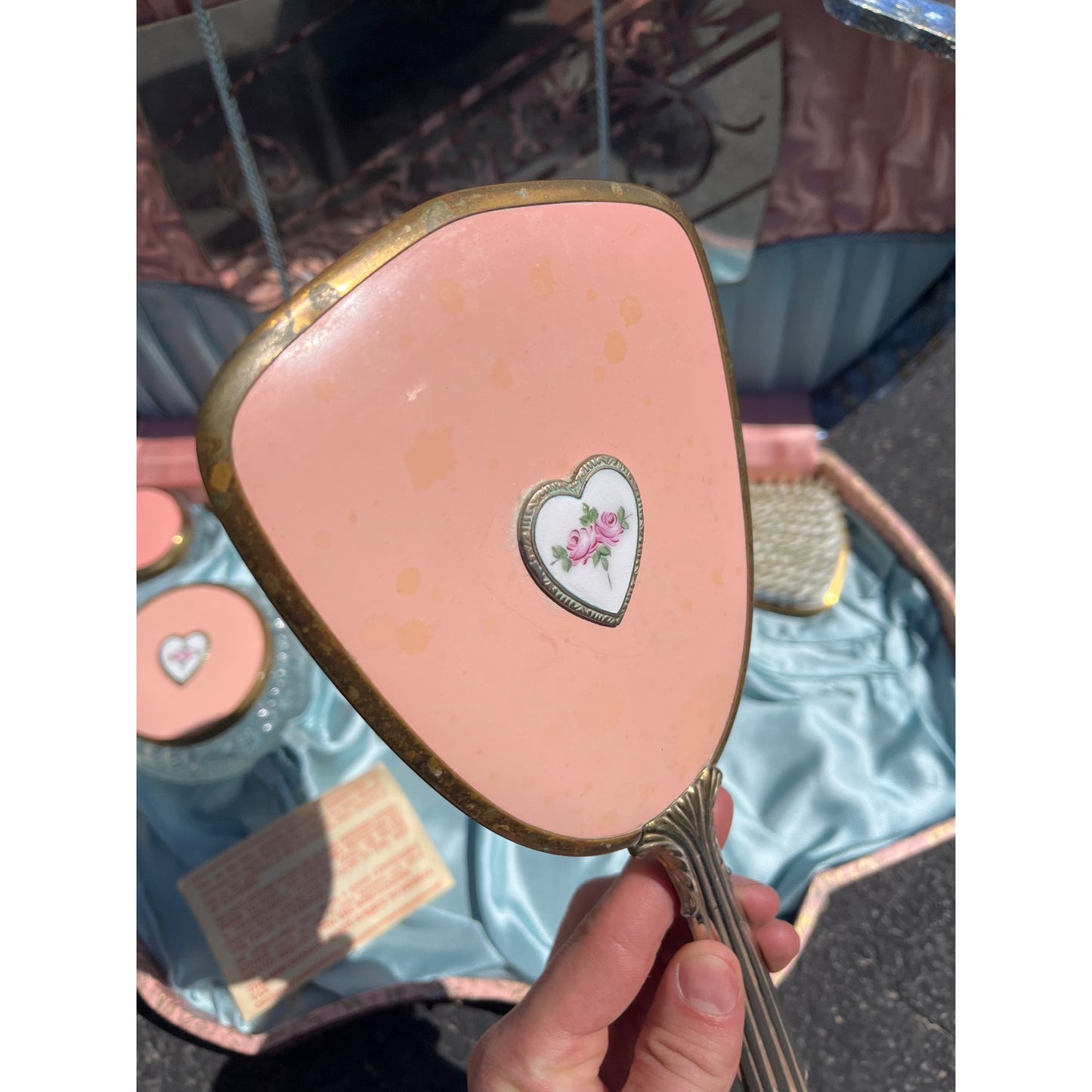 Vtg 1940s Pink Blue Vanity Box Set w Mirror Brushes Lidded Jars Shabby Chic