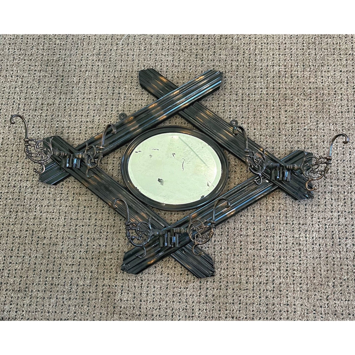 Antique Victorian Wall Coat Hat Rack & Mirror Ornate Copper Flashed Tin
