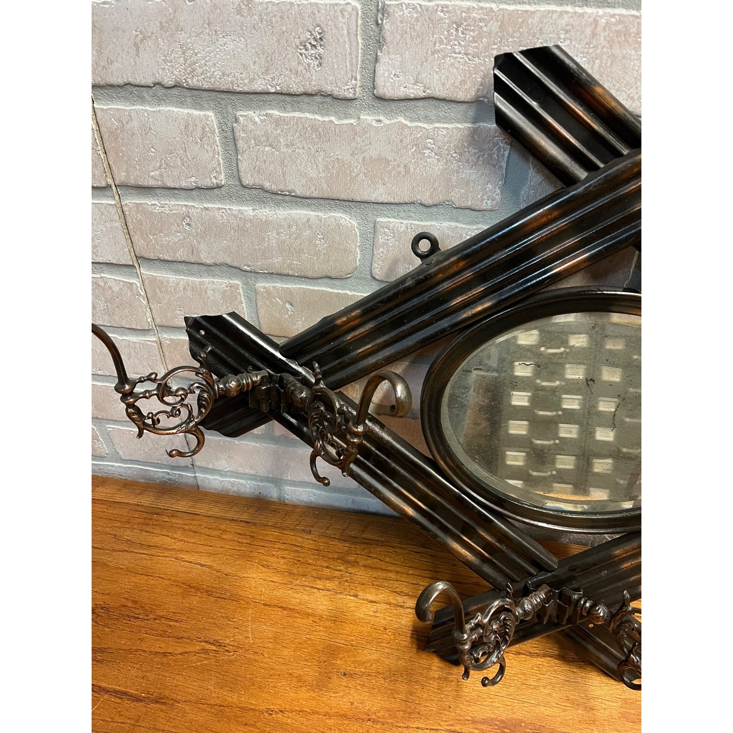 Antique Victorian Wall Coat Hat Rack & Mirror Ornate Copper Flashed Tin