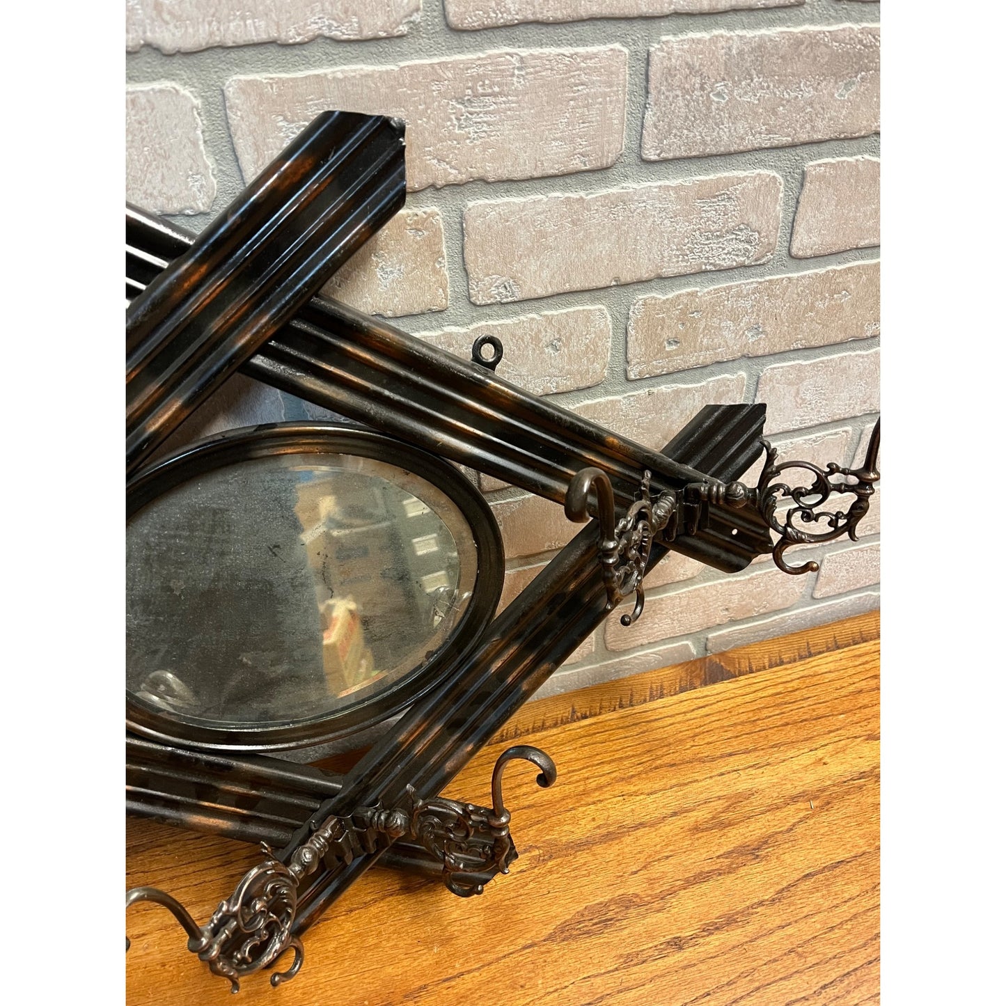 Antique Victorian Wall Coat Hat Rack & Mirror Ornate Copper Flashed Tin