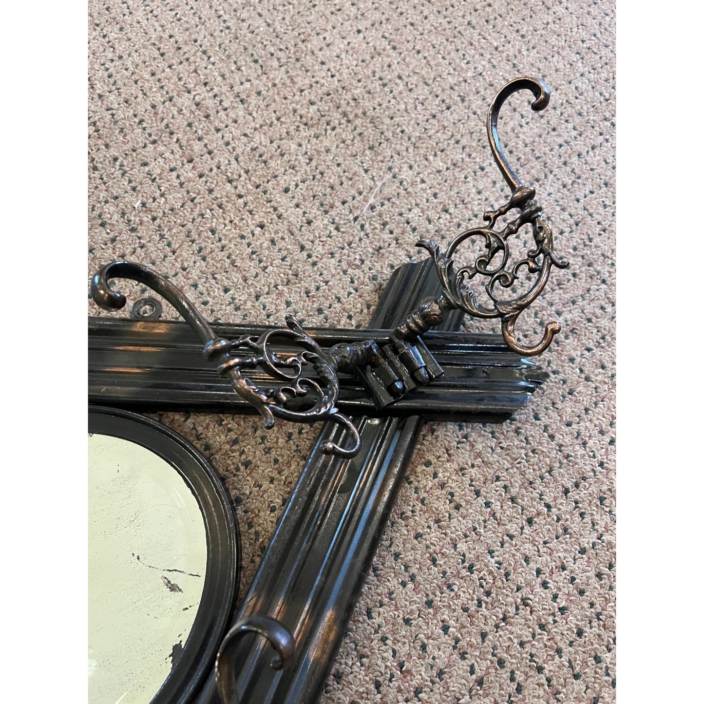 Antique Victorian Wall Coat Hat Rack & Mirror Ornate Copper Flashed Tin