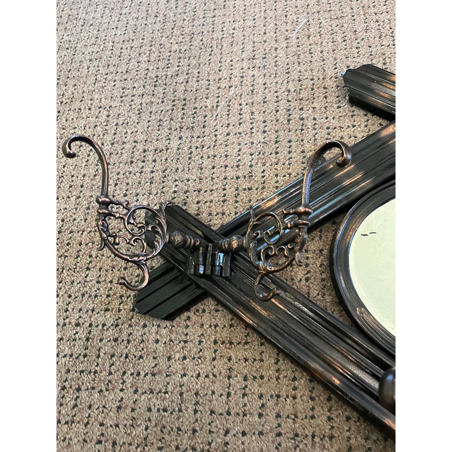 Antique Victorian Wall Coat Hat Rack & Mirror Ornate Copper Flashed Tin