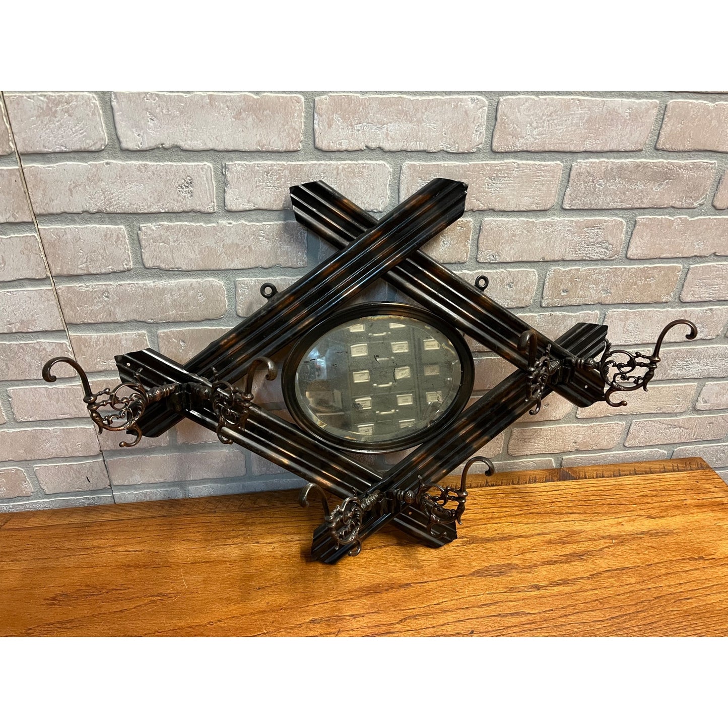 Antique Victorian Wall Coat Hat Rack & Mirror Ornate Copper Flashed Tin