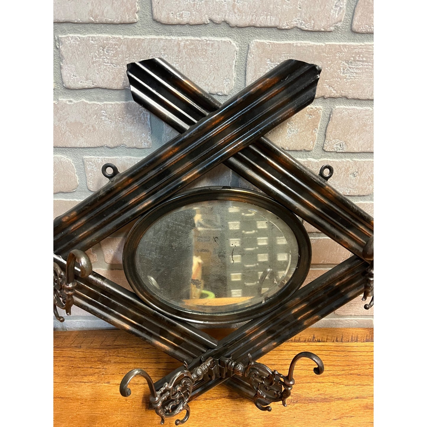 Antique Victorian Wall Coat Hat Rack & Mirror Ornate Copper Flashed Tin