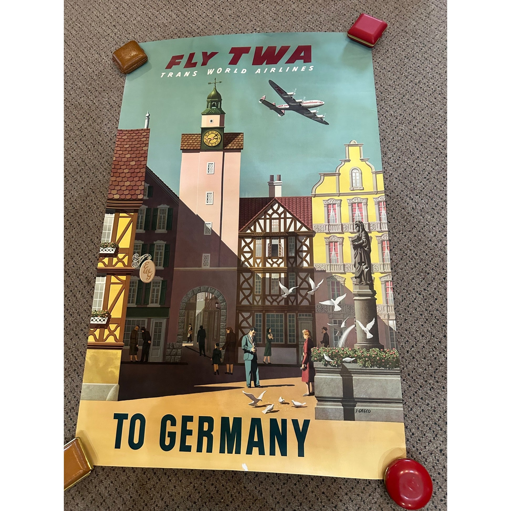 RARE Original 1950s Vintage Fly TWA Airlines Germany Travel Airport