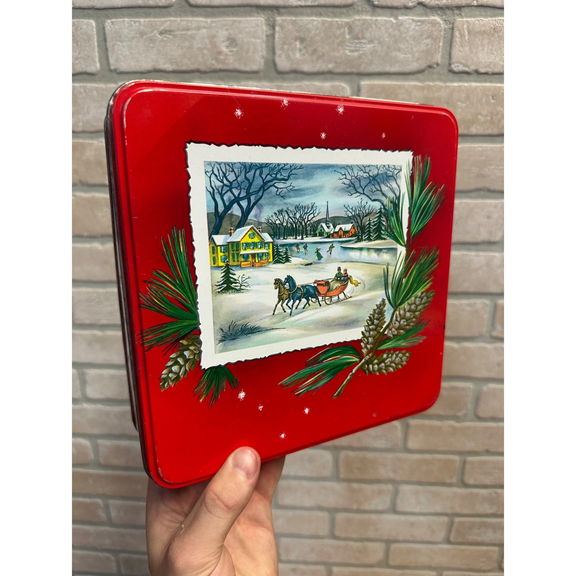 Vintage 1960s Red Square Christmas Cookie Tin Winter Sleigh Scene