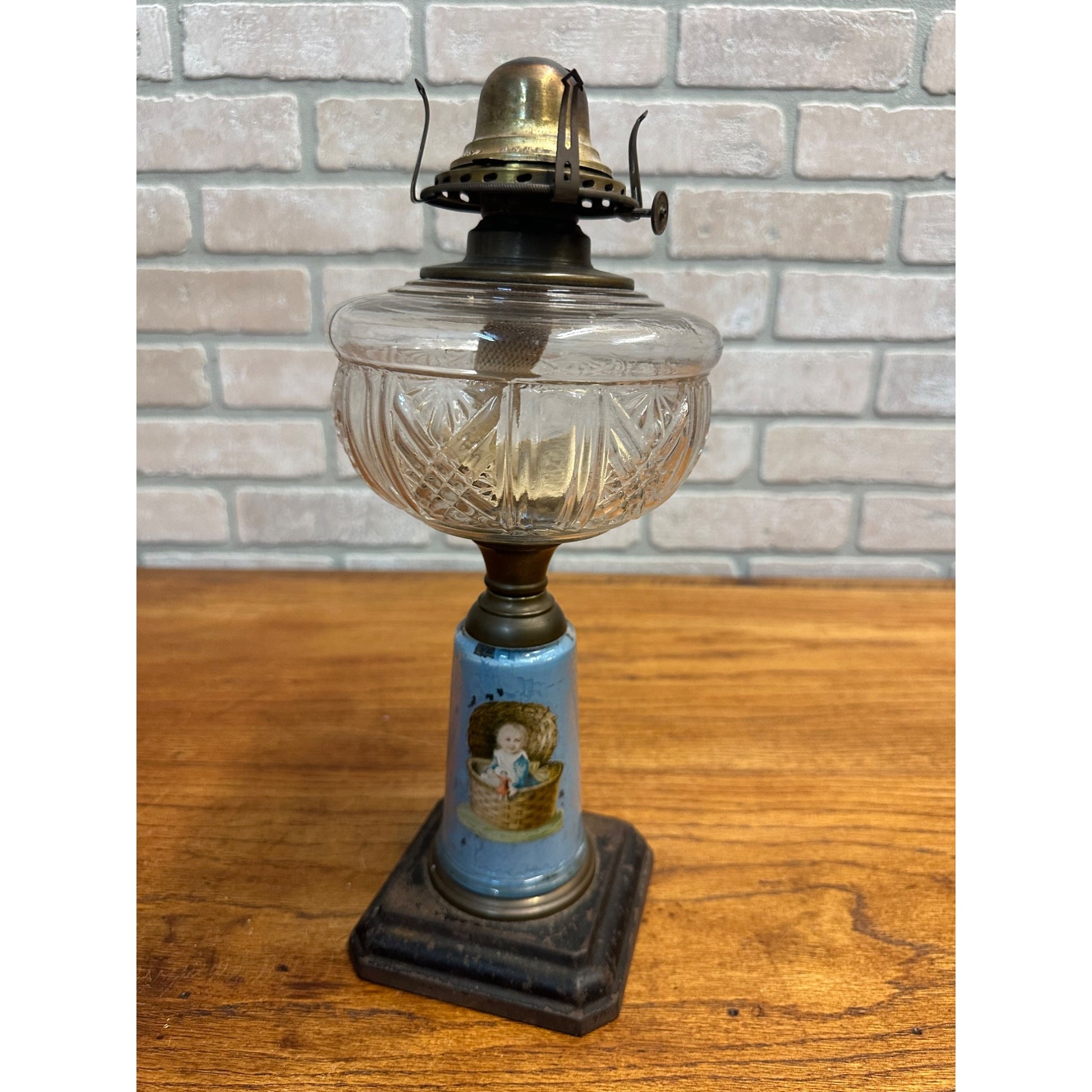 Antique Victorian 19th c. Oil Lamp w/ Reverse Painted Glass Column Child