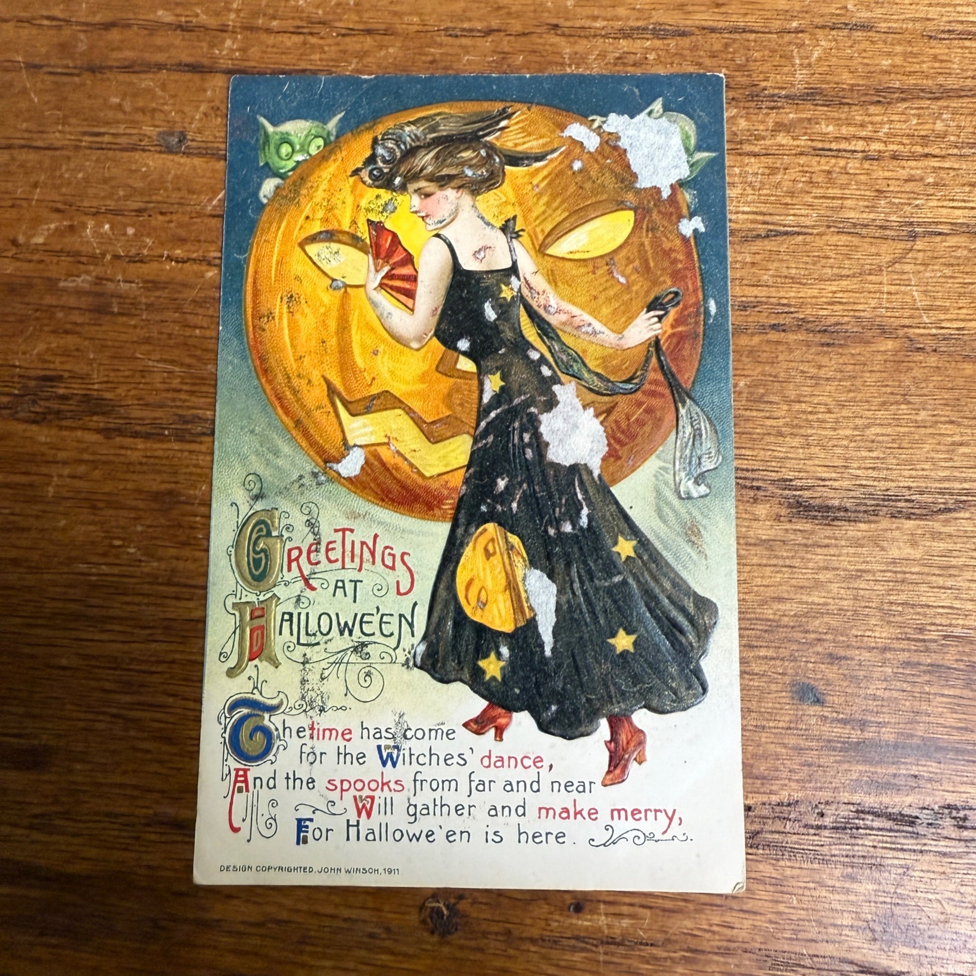 Vintage 1911 Halloween Postcard Winsch Deco Lady As-Is