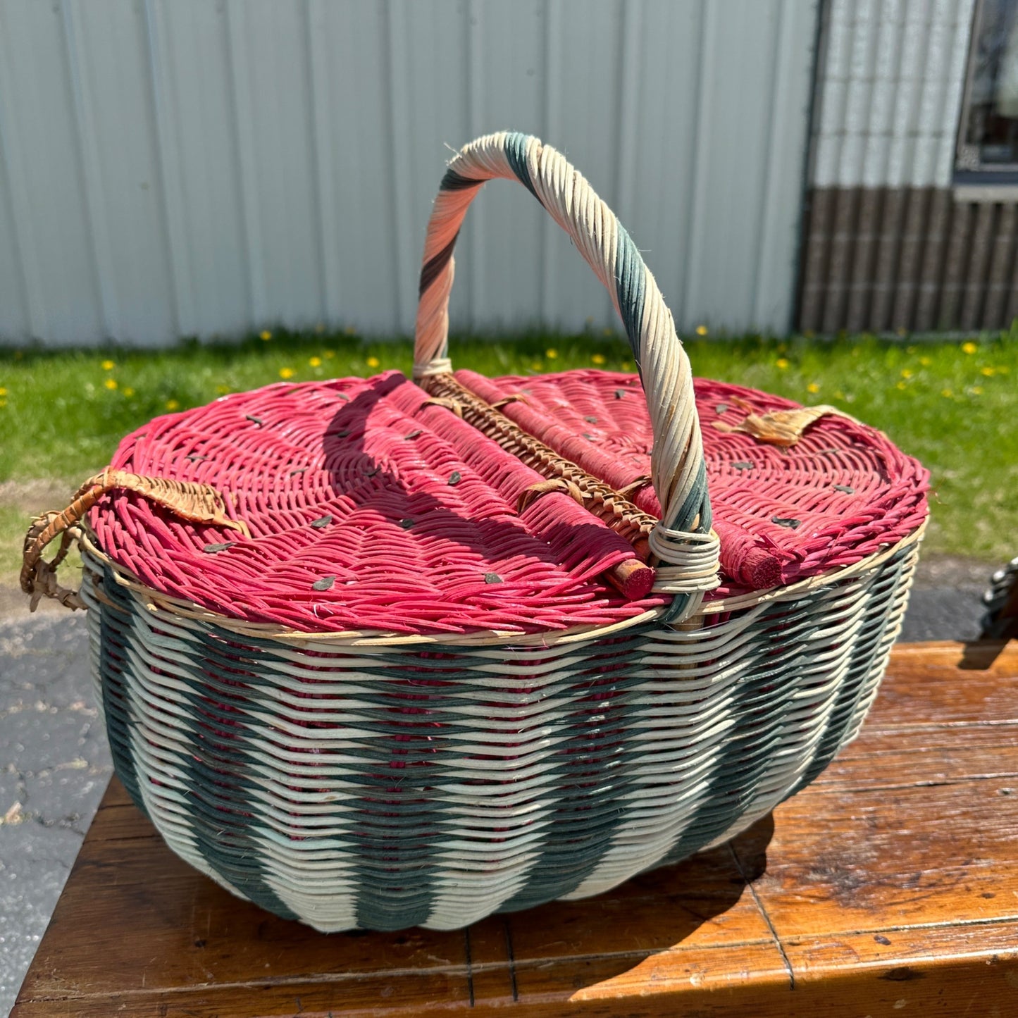 VIntage Folk Art Watermelon Wicker Picnic Basket Rounded